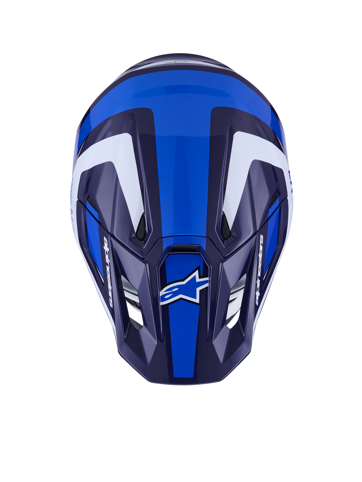 Alpinestars S-M7 Rise Helm, Motocross-Helm, Blau Weiß Glänzend, Draufsicht zeigt aerodynamische Schale und Belüftungsöffnungen, mit weißen und dunkelblauen eckigen Grafiken und markantem Branding