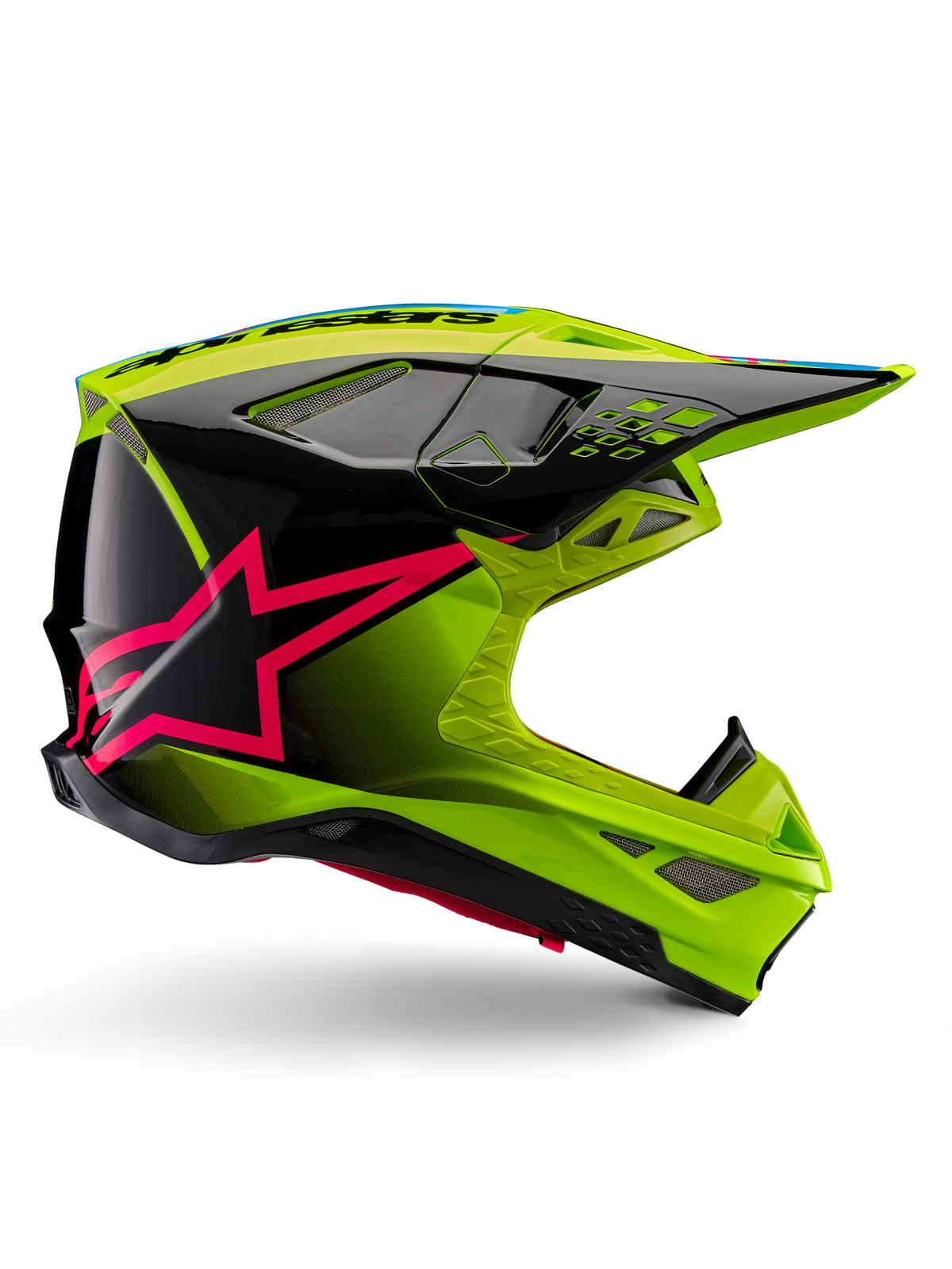 Casque Alpinestars Supertech M10 Unite, casque de motocross, jaune fluo et noir avec graphismes d'étoile rose diva, design aérodynamique et finition brillante, multiples ports de ventilation, certifié ECE 22.06