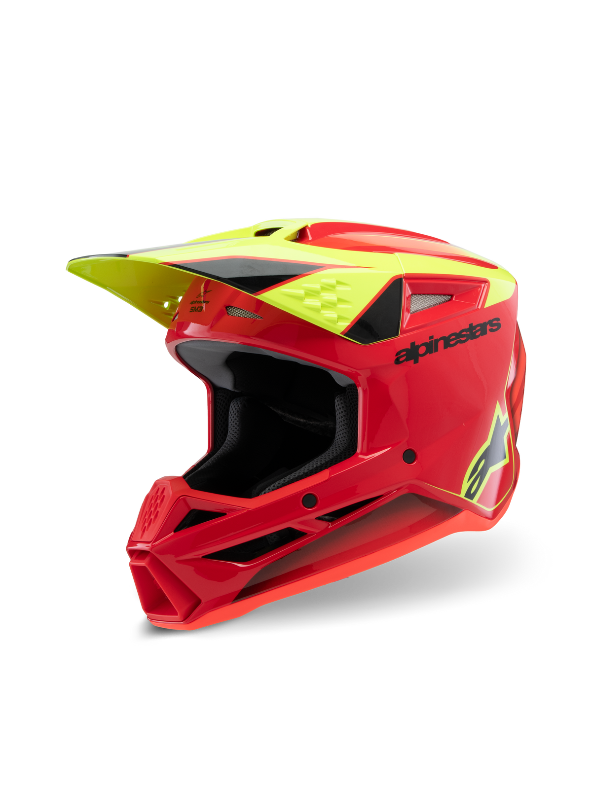 Alpinestars S-M3 Youth Fray Helm, Motocross-Helm, Rot, Fluo-Gelb und Schwarz Glänzend, mit aggressivem aerodynamischem Design, Schutzvisier und mehreren Belüftungsöffnungen für Offroad-Performance.