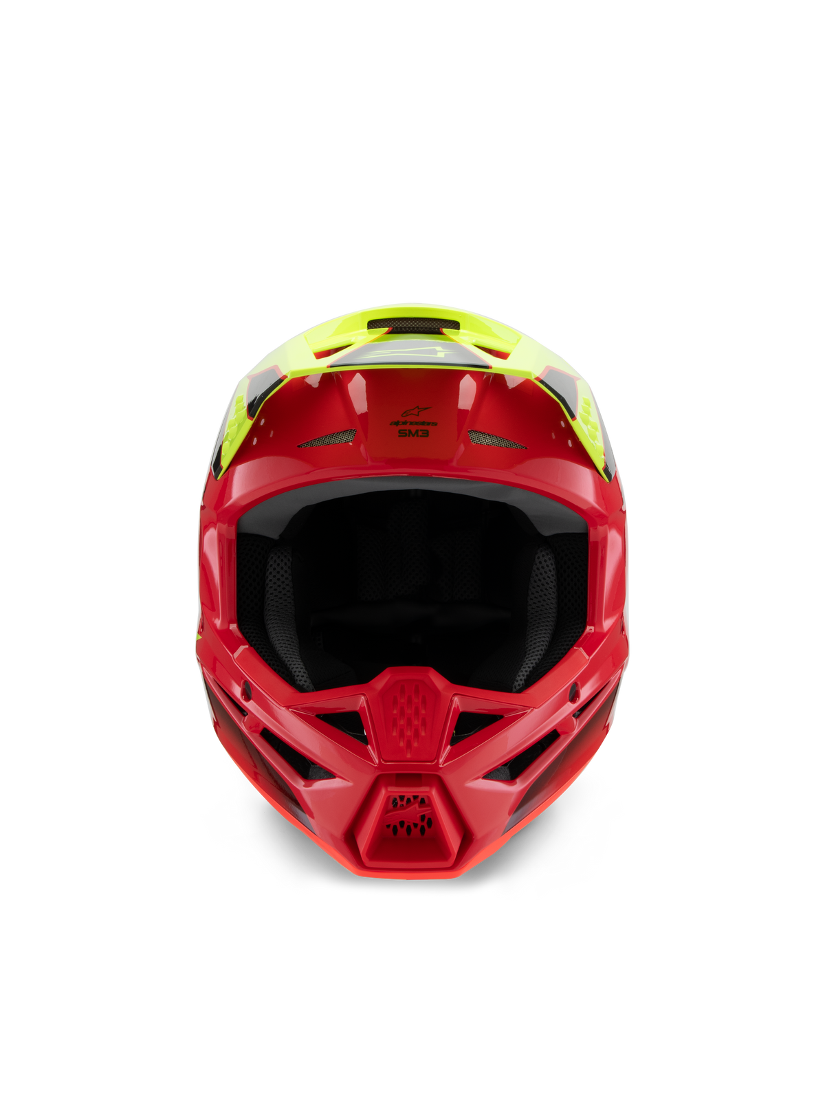 Alpinestars S-M3 Youth Fray Helm, Motocross-Helm, Rot und Gelb Fluo Glänzend, Vorderansicht zur Hervorhebung der Belüftungsöffnungen und des aggressiven Kinnschutzes, spezialisierter Offroad-Kopfschutz für junge Fahrer