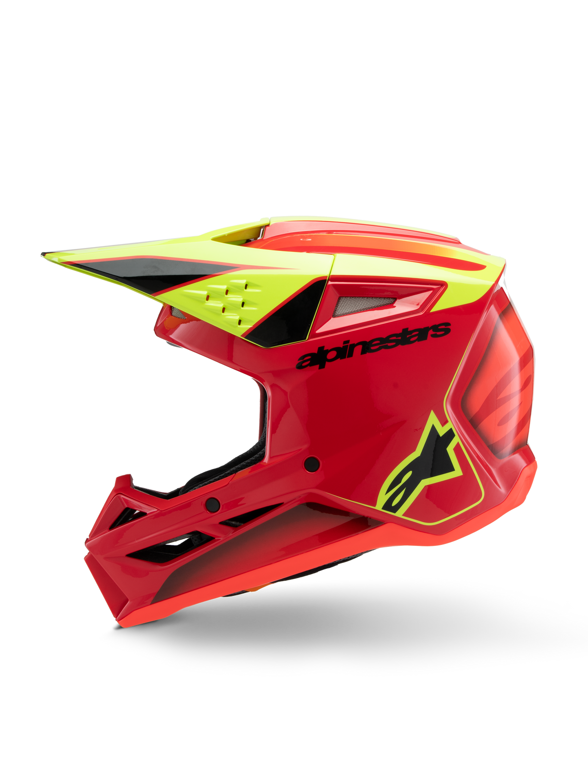 Alpinestars S-M3 Youth Fray Helm, Motocross-Helm, Rot, Gelb Fluo und Schwarz Glänzend, Profilansicht mit aerodynamischem Visier, Belüftungsöffnungen und markantem Branding, Jugend-Offroad-Schutzausrüstung