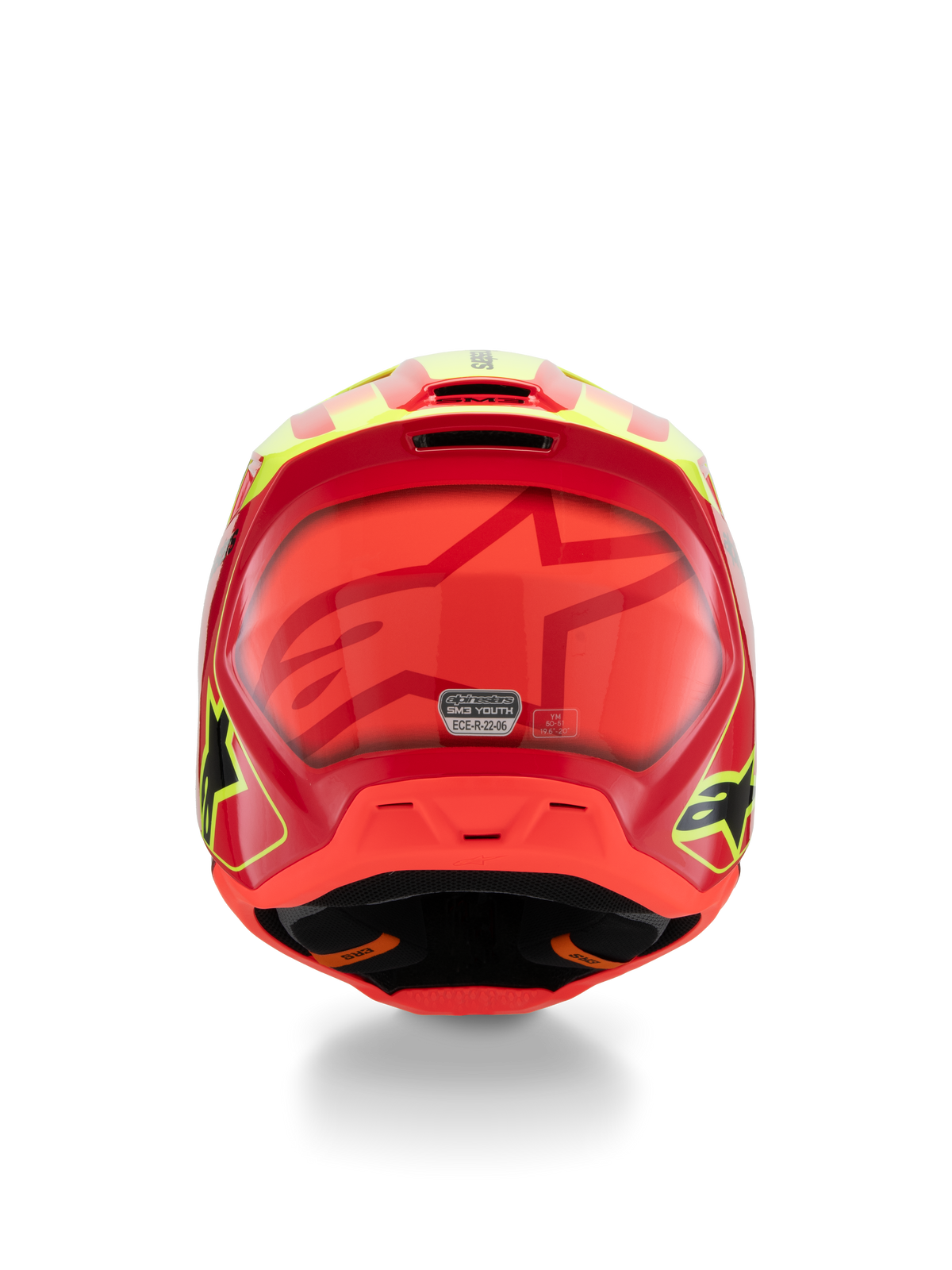 Alpinestars S-M3 Youth Fray Helm, Motocross-Helm, Rot, Gelb Fluo und Schwarz glänzend, Rückansicht mit großem Ton-in-Ton Stern-Logo, ECE 22.06 Zertifizierungsaufkleber und aerodynamischem Schalendesign mit seitlichen Logos.