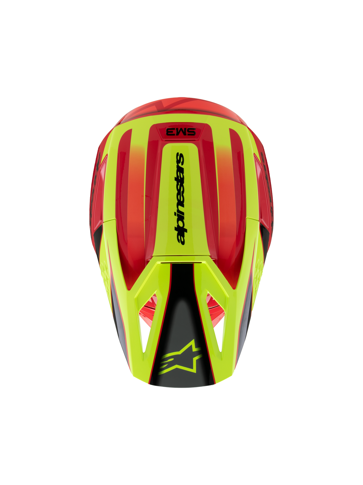 Alpinestars S-M3 Youth Fray Helm, Motocross-Helm, Rot und Neongelb mit schwarzem Glossy-Finish, Draufsicht mit aerodynamischer Schale und Alpinestars-Logo auf dem Visier