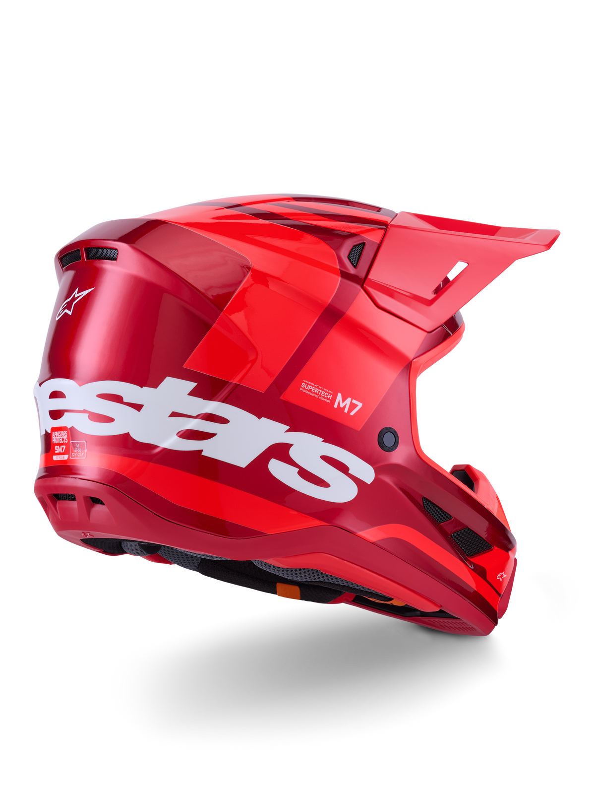 Alpinestars S-M7 Core Helm, Motocross-Helm, Rot Glänzend mit großem weißem Alpinestars-Logo an der Seite, aerodynamische Schale, integrierte Belüftungsöffnungen und Schutzvisier, 3/4-Rückansicht