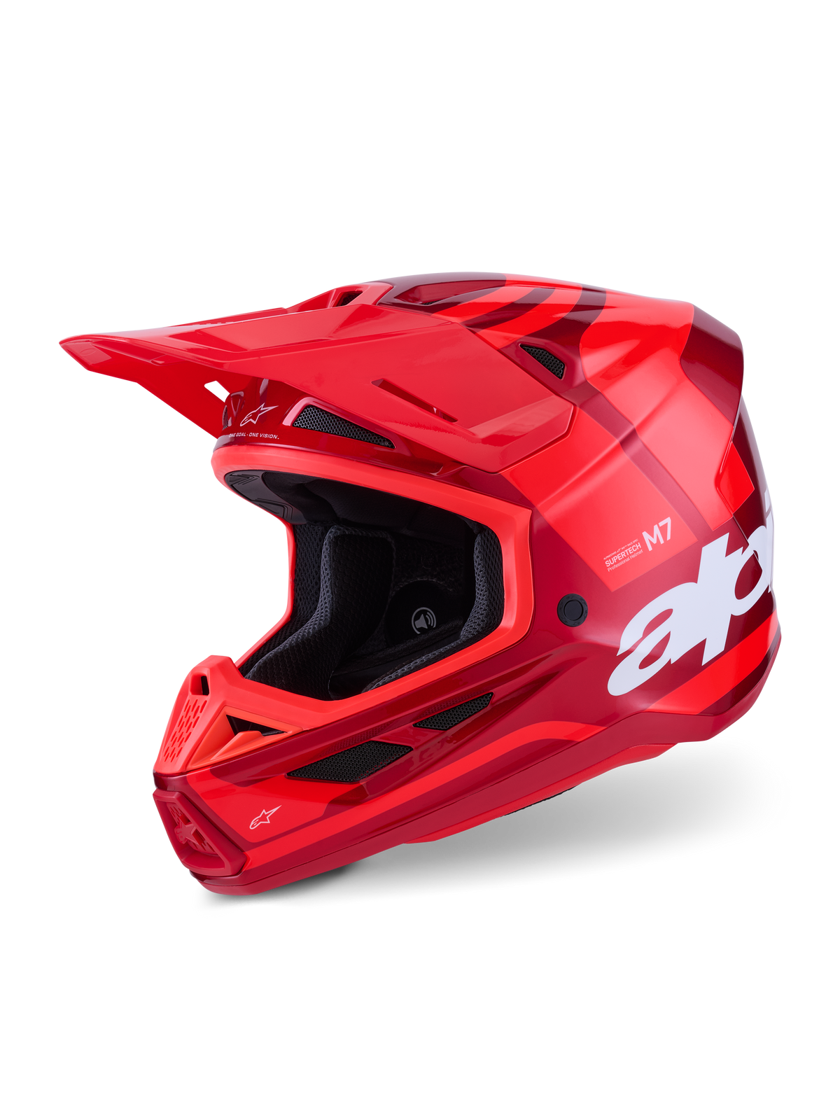 Alpinestars S-M7 Core Helm, Motocross-Helm, Rot Glänzend, mehrfarbige rote Grafiken mit großem weißem Branding, aerodynamische Verbundschale mit mehreren Belüftungsöffnungen und verstellbarem Visier, professionelle Offroad-Rennausrüstung