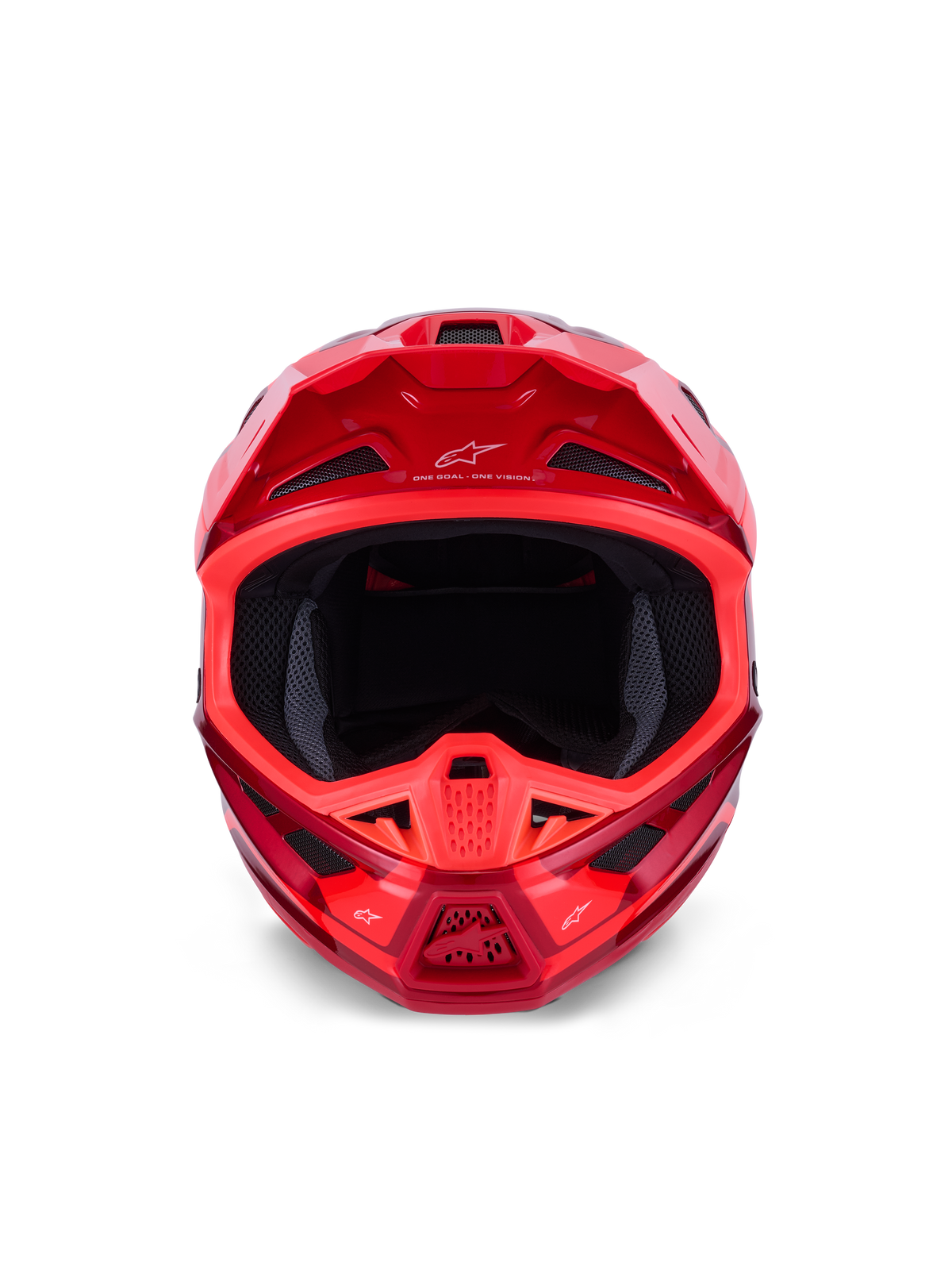 Alpinestars S-M7 Core Helm, Motocross-Helm, Rot glänzend, Frontansicht mit mehreren Lufteinlässen und aerodynamischem Design, Astars-Branding auf Visier und Kinnbügel, professionelle Offroad-Rennausrüstung