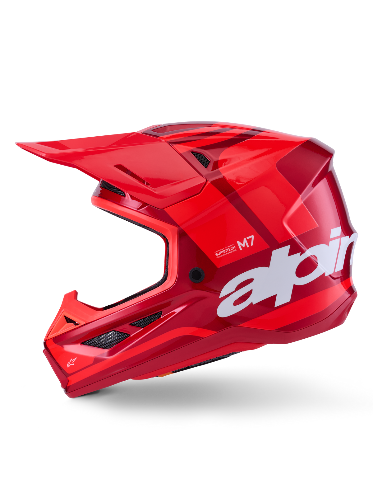 Alpinestars S-M7 Core Helm, Rot glänzend mit geometrischen Akzenten, Motocross-Helm, Seitenansicht, aerodynamische Schale mit Belüftungsöffnungen und weißem Branding, Hochleistungs-Offroad-Rennausrüstung