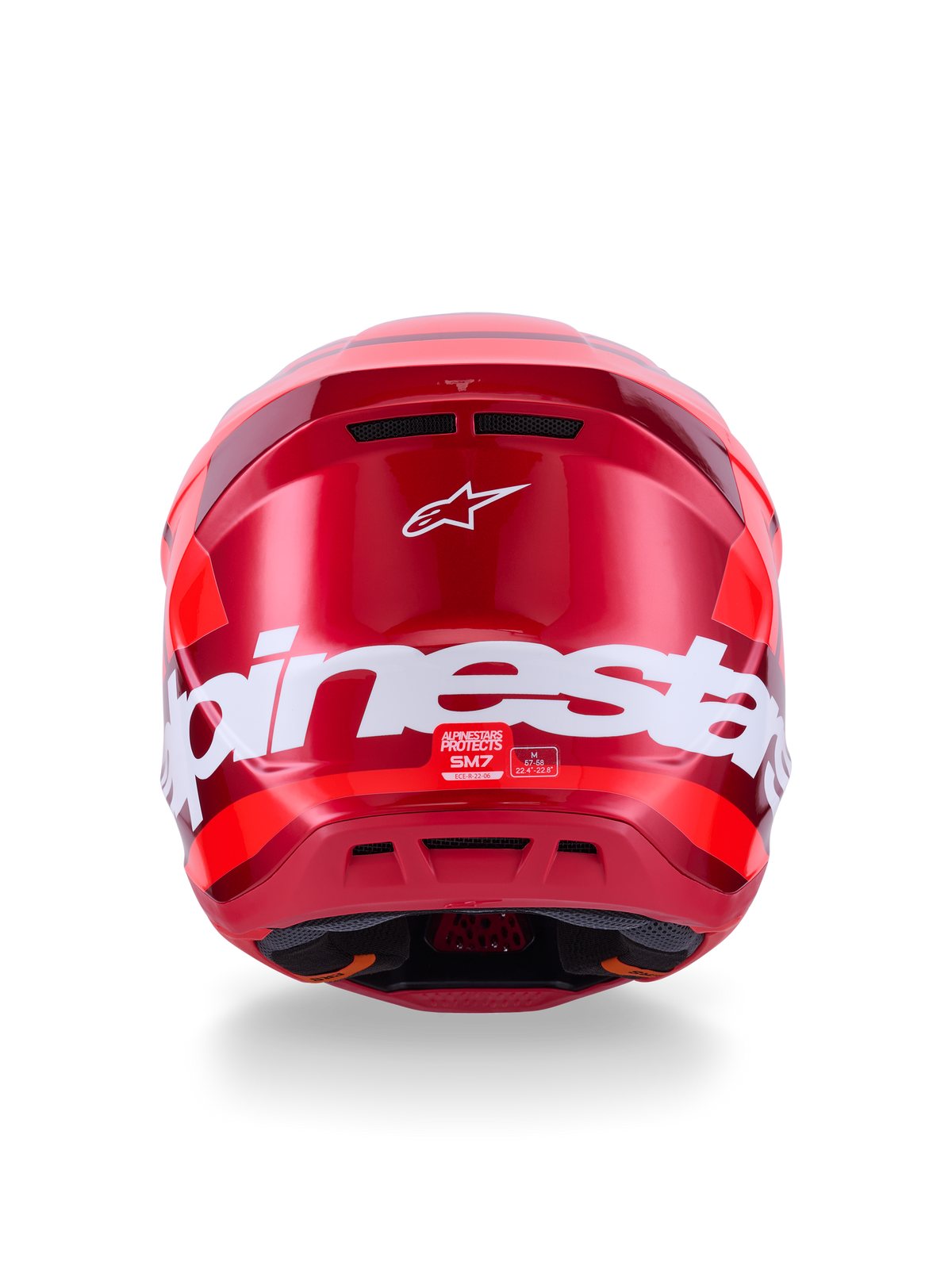 Alpinestars S-M7 Core Helm, Rot Glänzend, Rückansicht mit großem weißem Alpinestars-Branding, aerodynamische Schale mit integrierten Belüftungsöffnungen, professioneller Motocross-Kopfschutz