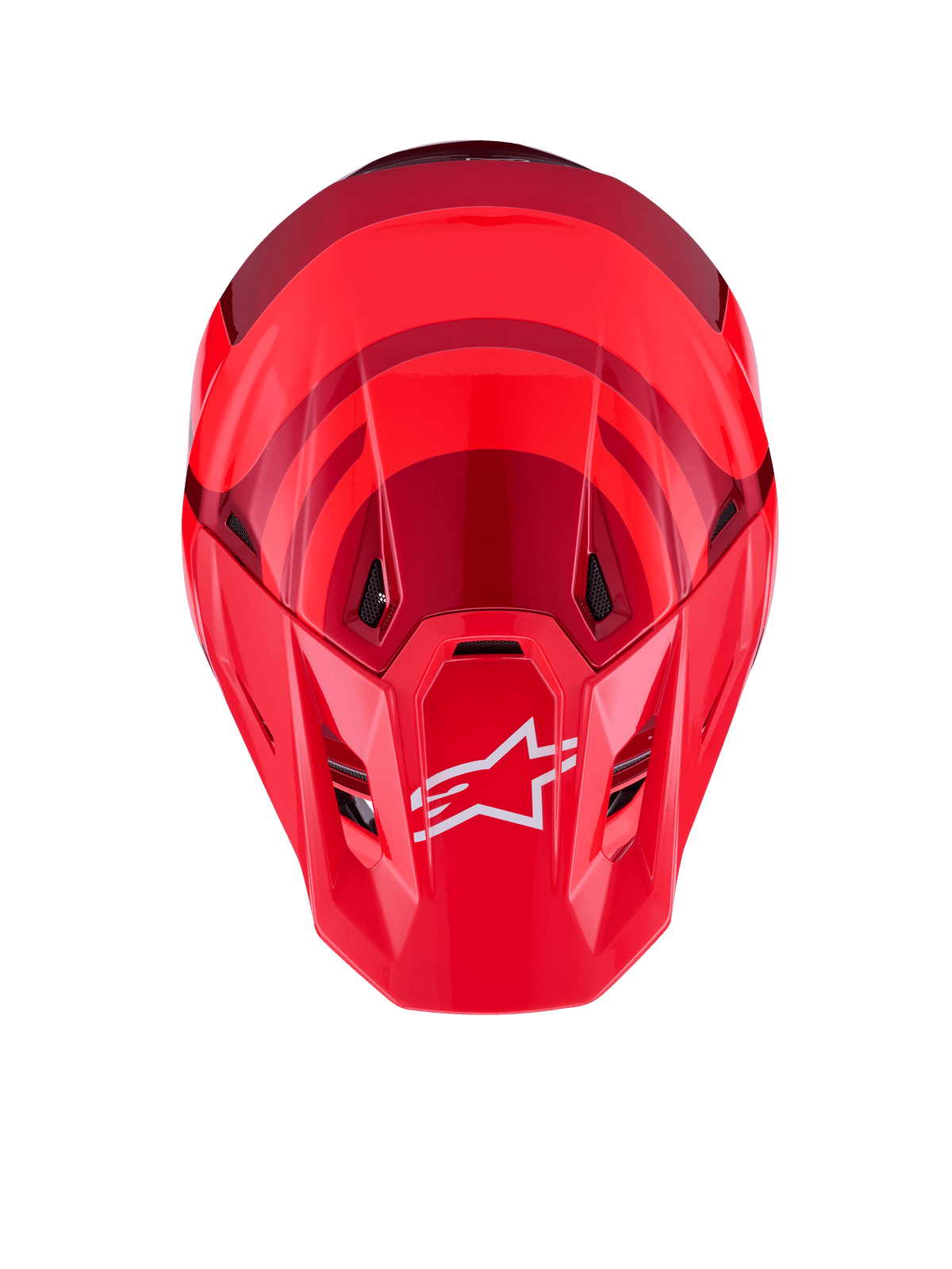 Alpinestars S-M7 Core Helm, Rot Glänzend, Draufsicht mit aerodynamischer Schale und dunkelroten Akzenten, weißes A-Star-Logo auf dem Visier, integrierte Belüftungsöffnungen, Hochleistungs-Motocross-Schutzausrüstung