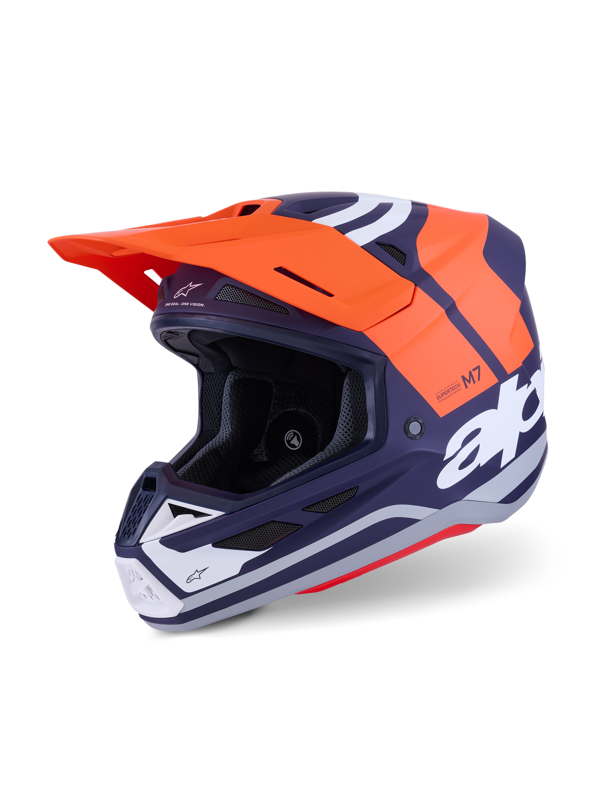 Alpinestars S-M7 Core-helm ECE 22.06, motorcrosshelm, mat oranje en marineblauw, met opvallende witte branding, aerodynamische schaal met geïntegreerde ventilatie, oranje vizier en professionele constructie voor off-road racen.