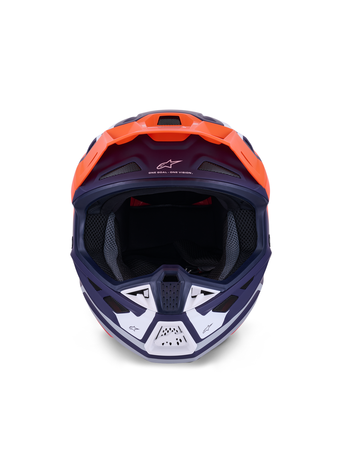 Alpinestars S-M7 Core helm, motorcrosshelm, oranje en matblauw, vooraanzicht met witte accenten op de kinbeschermer, voorzien van 'One Goal - One Vision' branding, aerodynamische schaal voor off-road racen