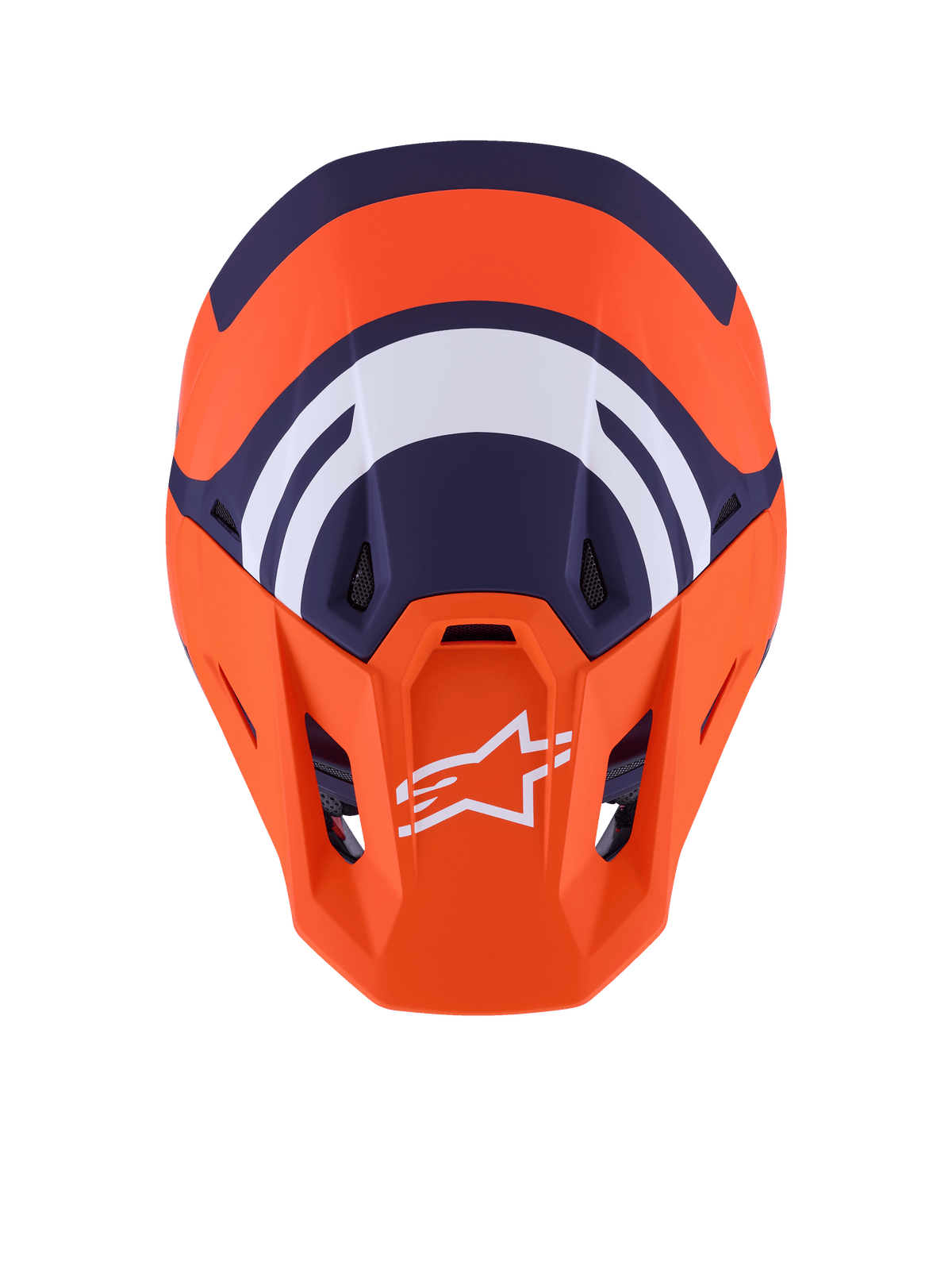 Alpinestars S-M7 Core Helm ECE 22.06, motorcrosshelm, oranje en blauw mat, bovenaanzicht met marineblauwe en witte geometrische graphics, wit Alpinestars-logo op oranje vizier, aerodynamisch schaalontwerp voor off-road racen