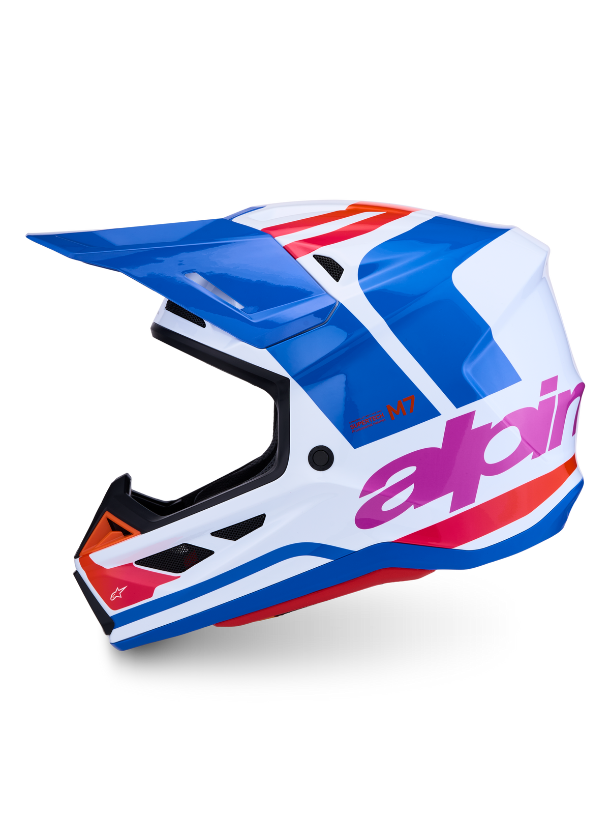 Alpinestars S-M7 Core Motocross Helmet, ECE 22.06 certified, white and blue glossy finish with pink and orange details.