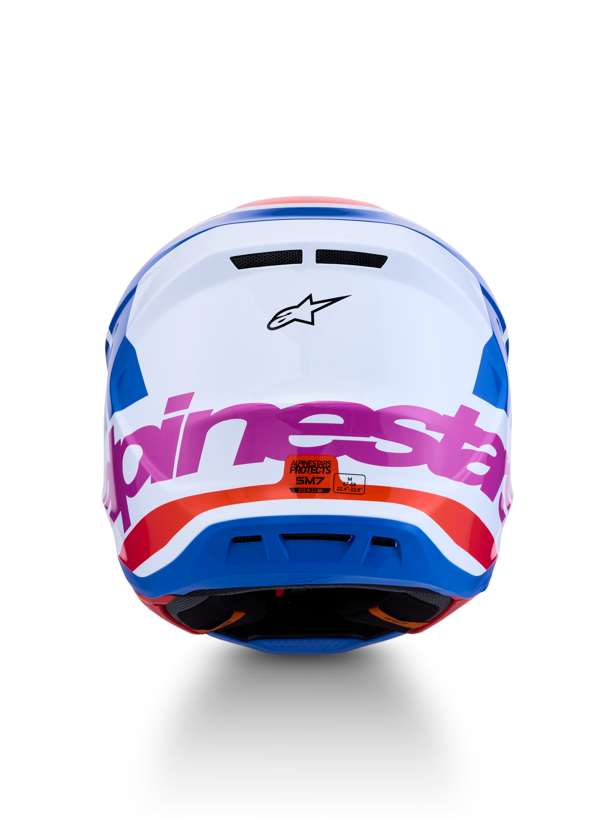 Alpinestars S-M7 Core Helmet ECE06, white and blue motocross helmet with pink and orange accents, ECE 22.06 certified.