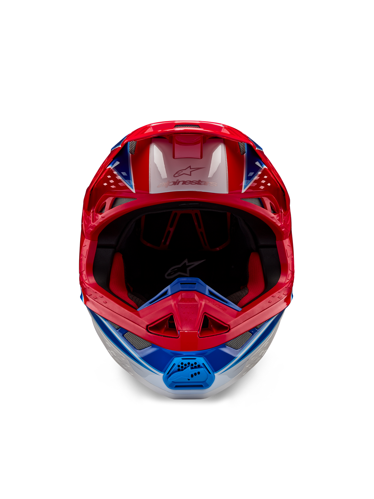 Alpinestars Supertech M10 Aeon ECE 22.06 helm, motorcrosshelm, helderrood blauw glanzend, vooraanzicht met een aerodynamische schaal, geventileerd kinstuk en rode binnenvoering, opvallende glanzende afwerking voor off-road racing.
