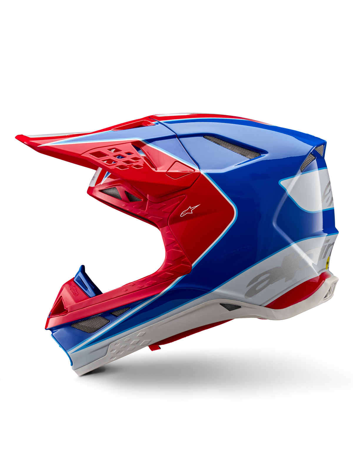 Alpinestars Supertech M10 Aeon ECE 22.06 helm, motorcrosshelm, felrood blauw glanzend, zijaanzicht, aerodynamische multi-composiet schaal met geïntegreerde ventilatieopeningen en rood en blauw grafisch ontwerp, glanzende afwerking voor off-road racen