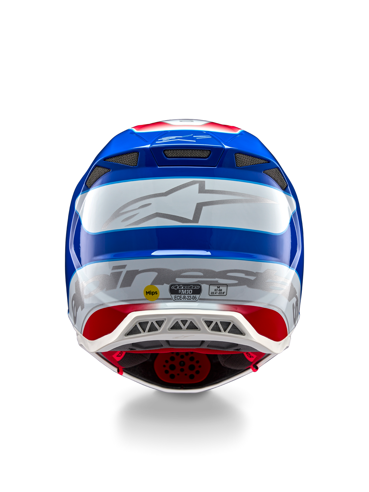Alpinestars Supertech M10 Aeon ECE 22.06 helm, motorcrosshelm, achteraanzicht, felrood blauw glanzende afwerking, groot zilverkleurig Alpinestars-logo, meerdere ventilatieopeningen, MIPS- en ECE-veiligheidsstickers, professionele racebescherming