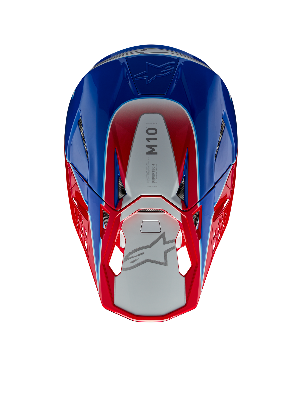 Alpinestars Supertech M10 Aeon helm, motorcrosshelm, glanzend felrood en blauw, bovenaanzicht met zilveren centraal paneel met M10-branding, aerodynamische schaal met rode en blauwe accenten, mesh ventilatieopeningen, hoogwaardige motorcross hoofdbescherming