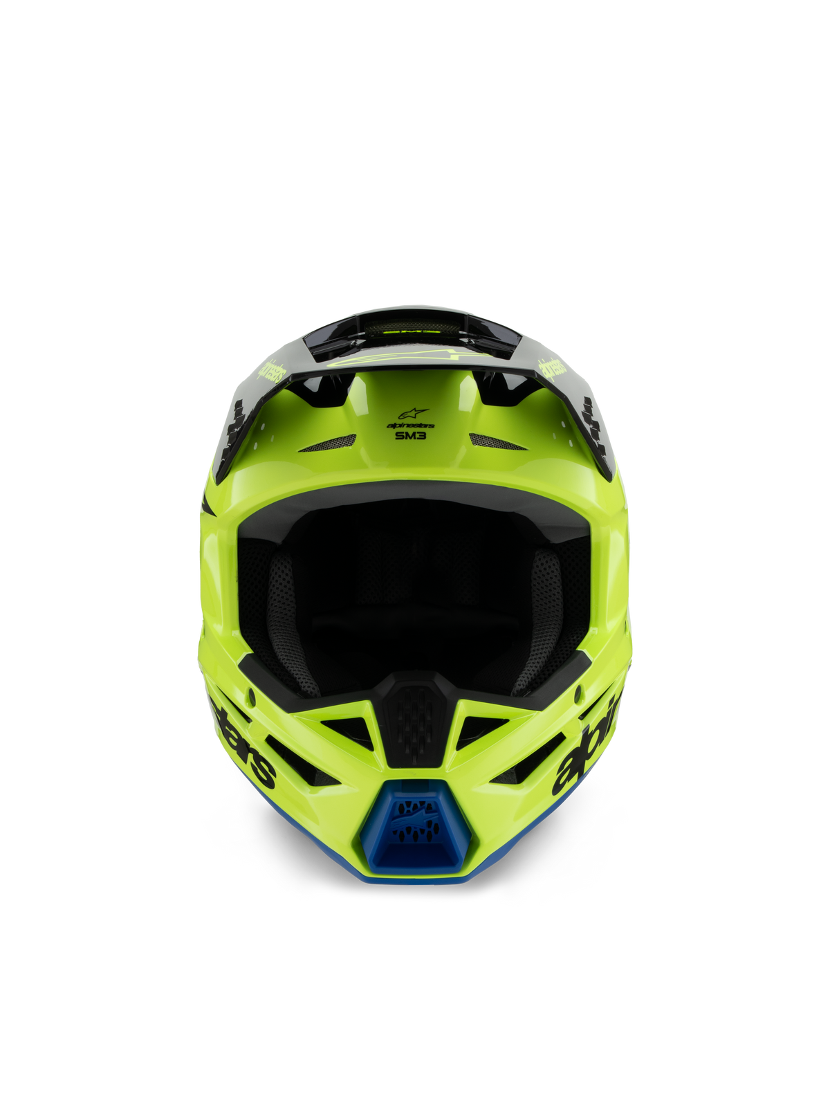 Alpinestars S-M3 Jugend Radium Helm, Motocross-Helm, Gelb Fluo, Schwarz und Blau, Vorderansicht mit schwarzem Visier und blauer Kinnbelüftung, markantes Alpinestars-Branding, schlankes aerodynamisches Profil für Jugend-Offroad-Rennsport