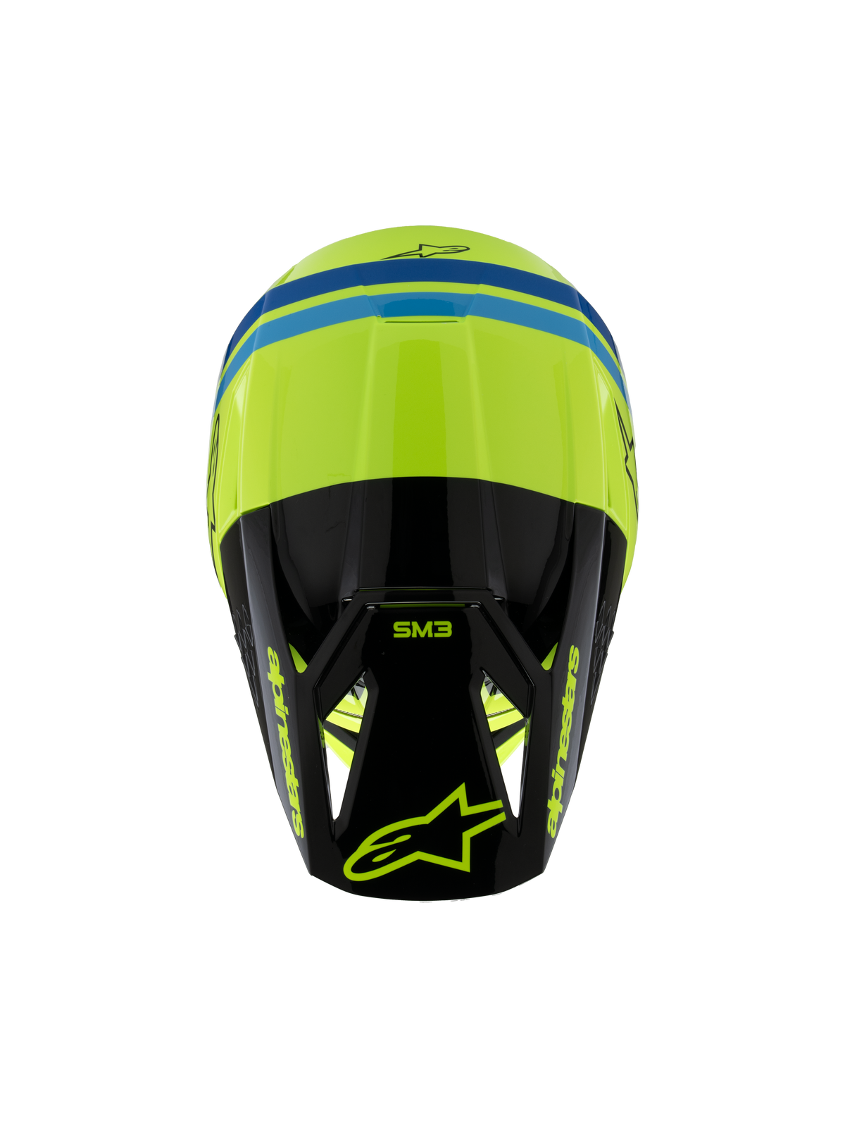 Alpinestars S-M3 Youth Radium Helm ECE 22.06, Motocross-Helm, Gelb Fluo, Schwarz und Blau, Draufsicht mit aerodynamischer Schale, SM3-Branding auf dem schwarzen Visier und markanten Alpinestars-Logos