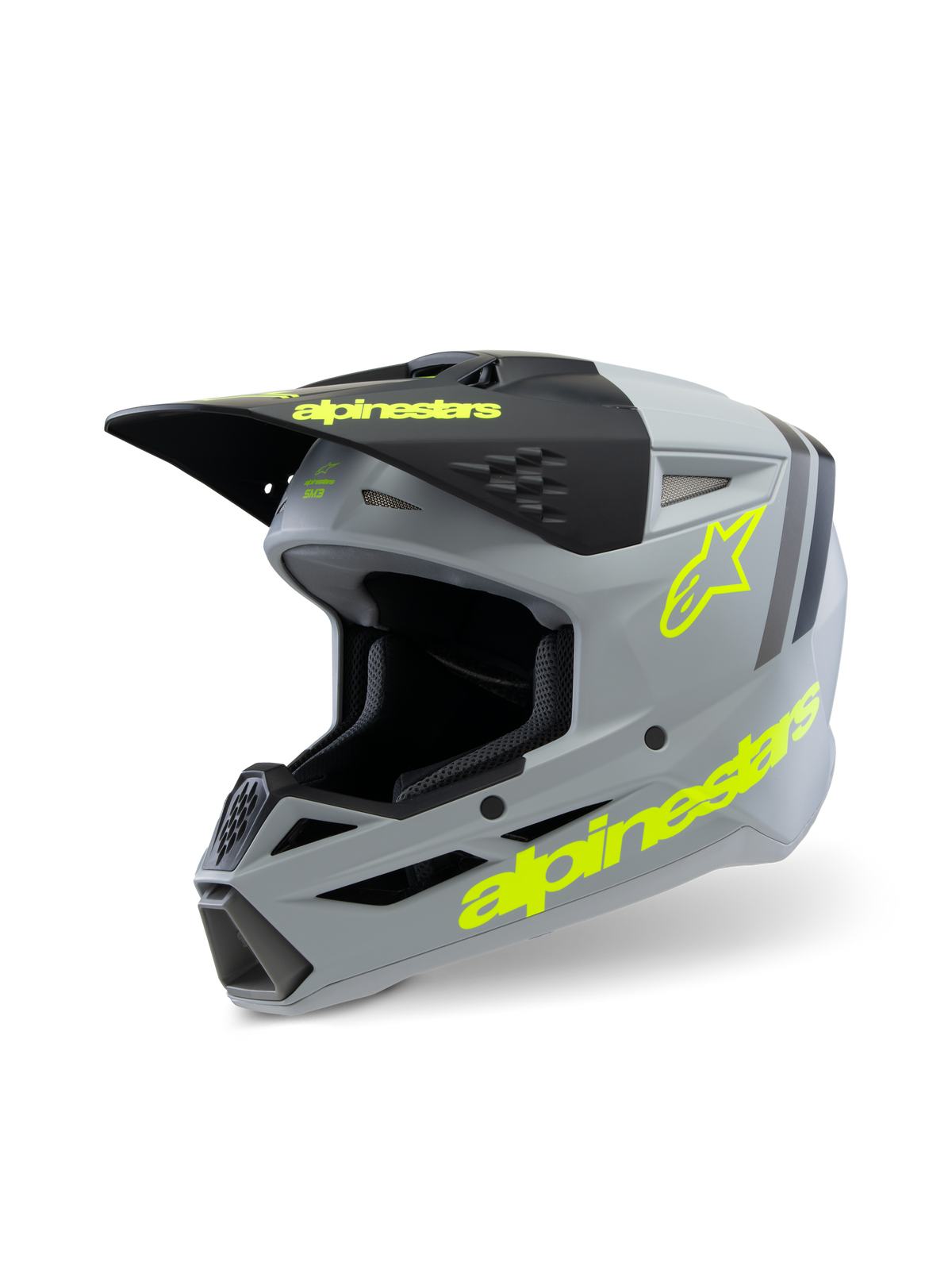 Alpinestars S-M3 Jugend Radium Helm ECE 22.06, Motocross-Helm, Mattgrau und Schwarz mit neongelben Akzenten, mit markantem Alpinestars-Branding und Stern-Logo, Offroad-Schutzausrüstung für Jugendliche