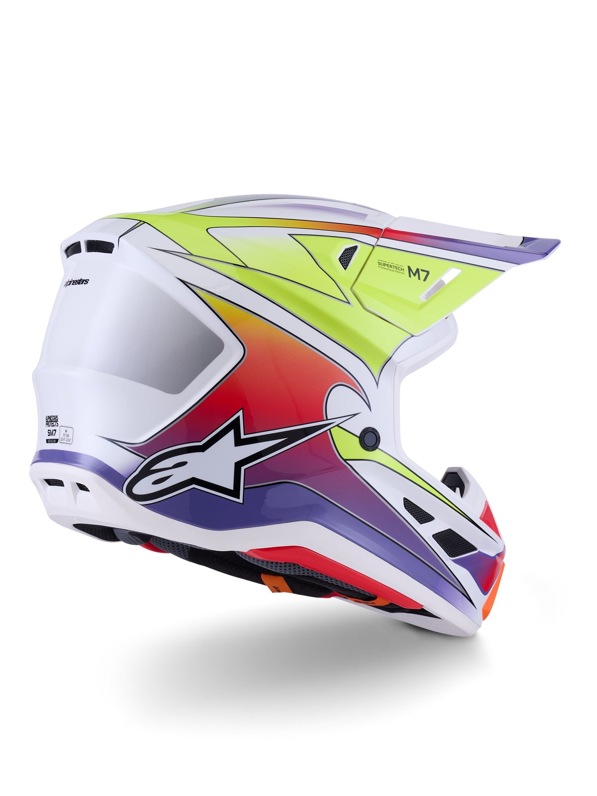 Alpinestars S-M7 Fuse Helm, motorcrosshelm, wit, fluorgeel en glanzend paars, levendige veelkleurige kleurverloop-graphics met opvallend zwart en wit sterlogo, aerodynamische composietschaal met geïntegreerde ventilatieopeningen, ontworpen voor off-road racen