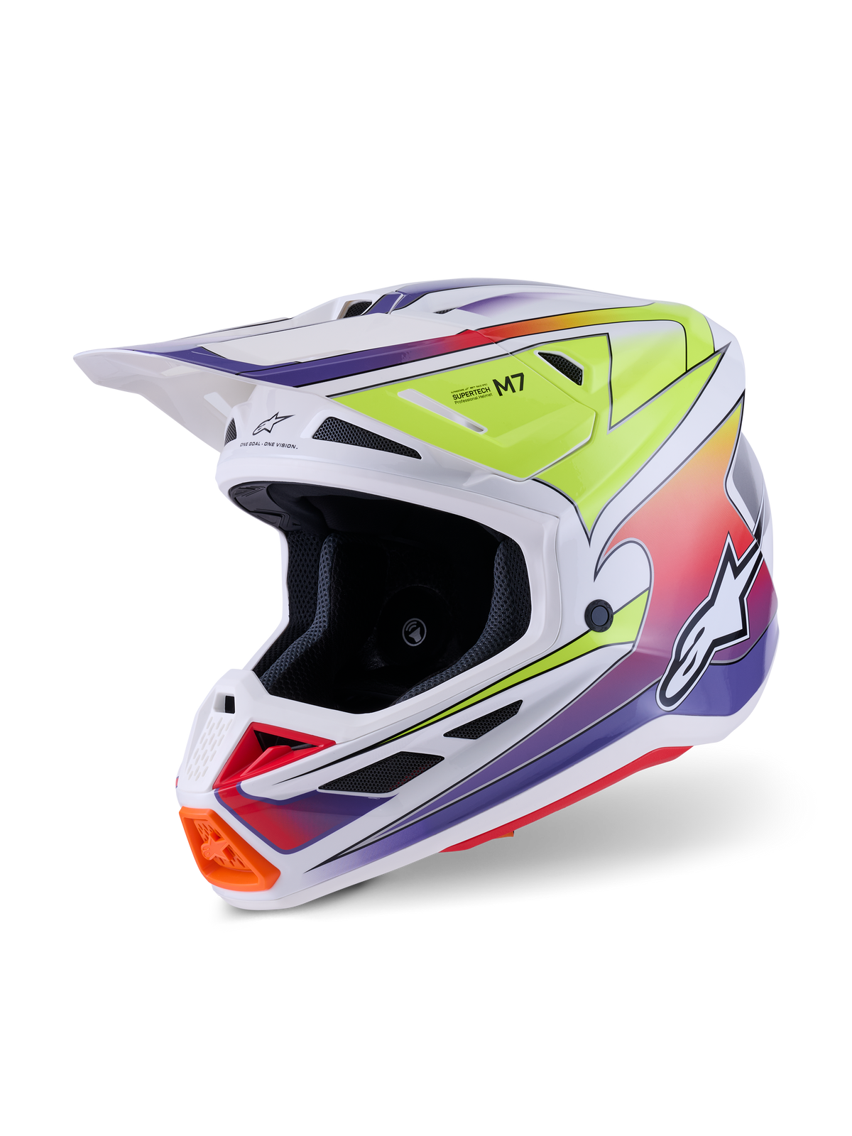 Alpinestars S-M7 Fuse helm, motorcrosshelm, wit met Yellow Fluo en paarse kleurverloop graphics, voorzien van een gestroomlijnde composietschaal, geïntegreerd vizier, meerdere mesh ventilatieopeningen en een hoogwaardig race-ontwerp voor off-road gebruik.