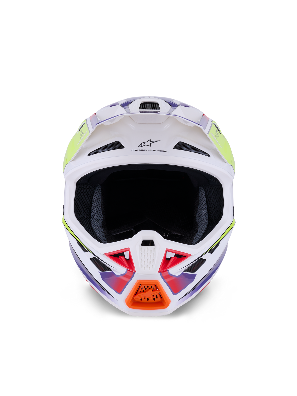 Alpinestars S-M7 Fuse helm, motorcrosshelm, wit, fluo geel en paars glanzend, vooraanzicht met meerdere luchtinlaten, aerodynamische composietschaal en oranje detail op de kinbeschermer.