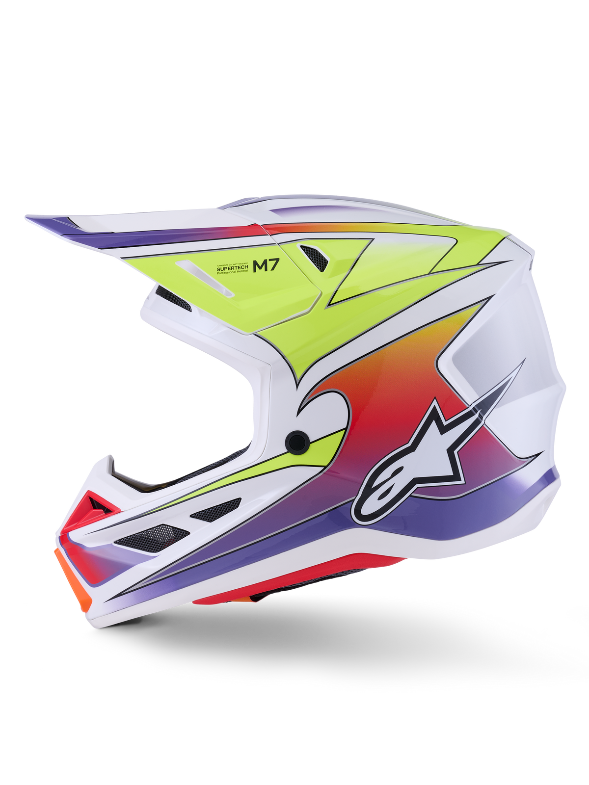 Alpinestars S-M7 Fuse helm, motorcrosshelm, wit, neongeel en glanzend paars, zijaanzicht met aerodynamische schaal, graphics met kleurverloop, zwarte ventilatieopeningen en wit Alpinestars-logo, hoogwaardige off-road race-uitrusting