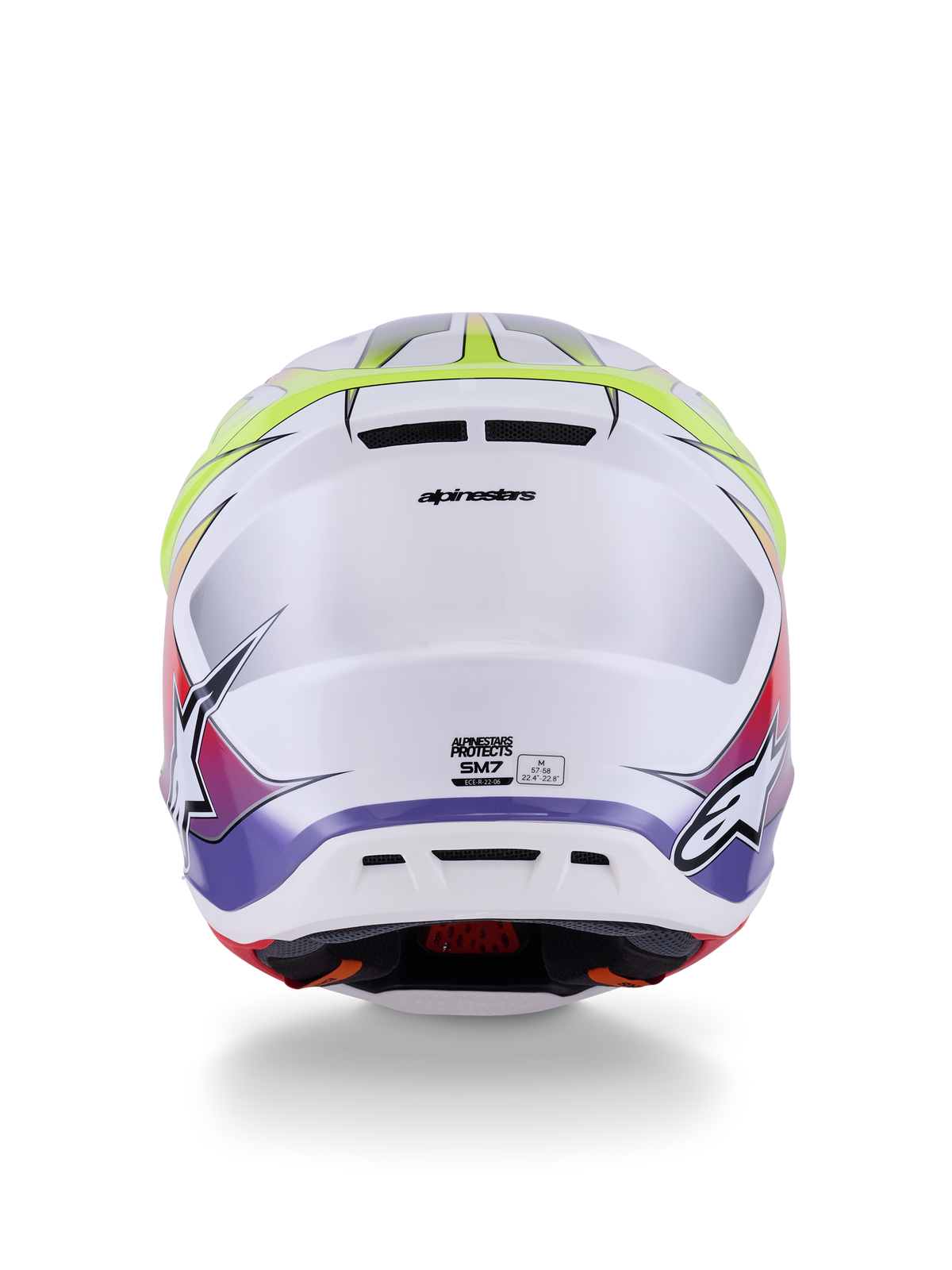 Alpinestars S-M7 Fuse Helm ECE 22.06, motorcrosshelm, wit, fluo geel en glanzend paars, achteraanzicht met geïntegreerde ventilatieopeningen, Alpinestars-branding en logo's aan de zijkant, gestroomlijnd aerodynamisch schaalontwerp