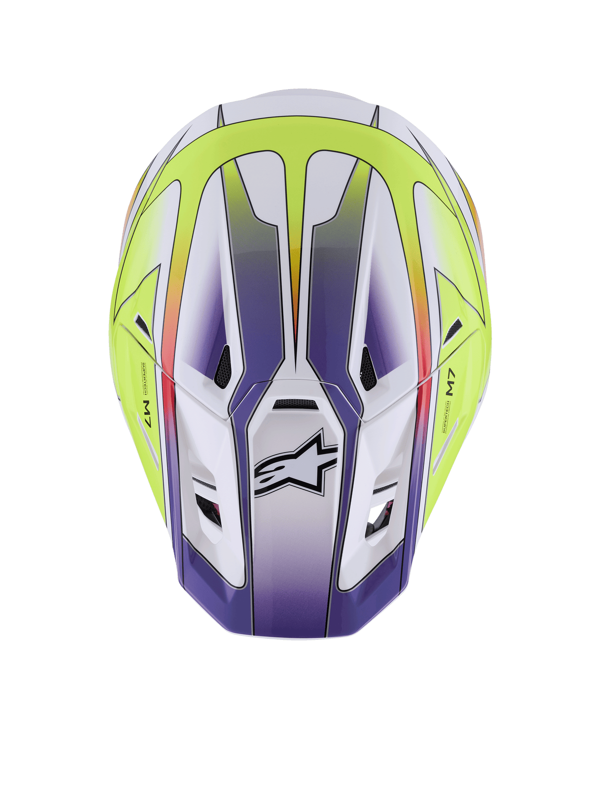 Alpinestars S-M7 Fuse helm, motorcrosshelm, wit, fluogeel en paars glanzend, bovenaanzicht met aerodynamische schaal en ventilatieopeningen, zwart Alpinestars-logo, hoogwaardige off-road racebescherming