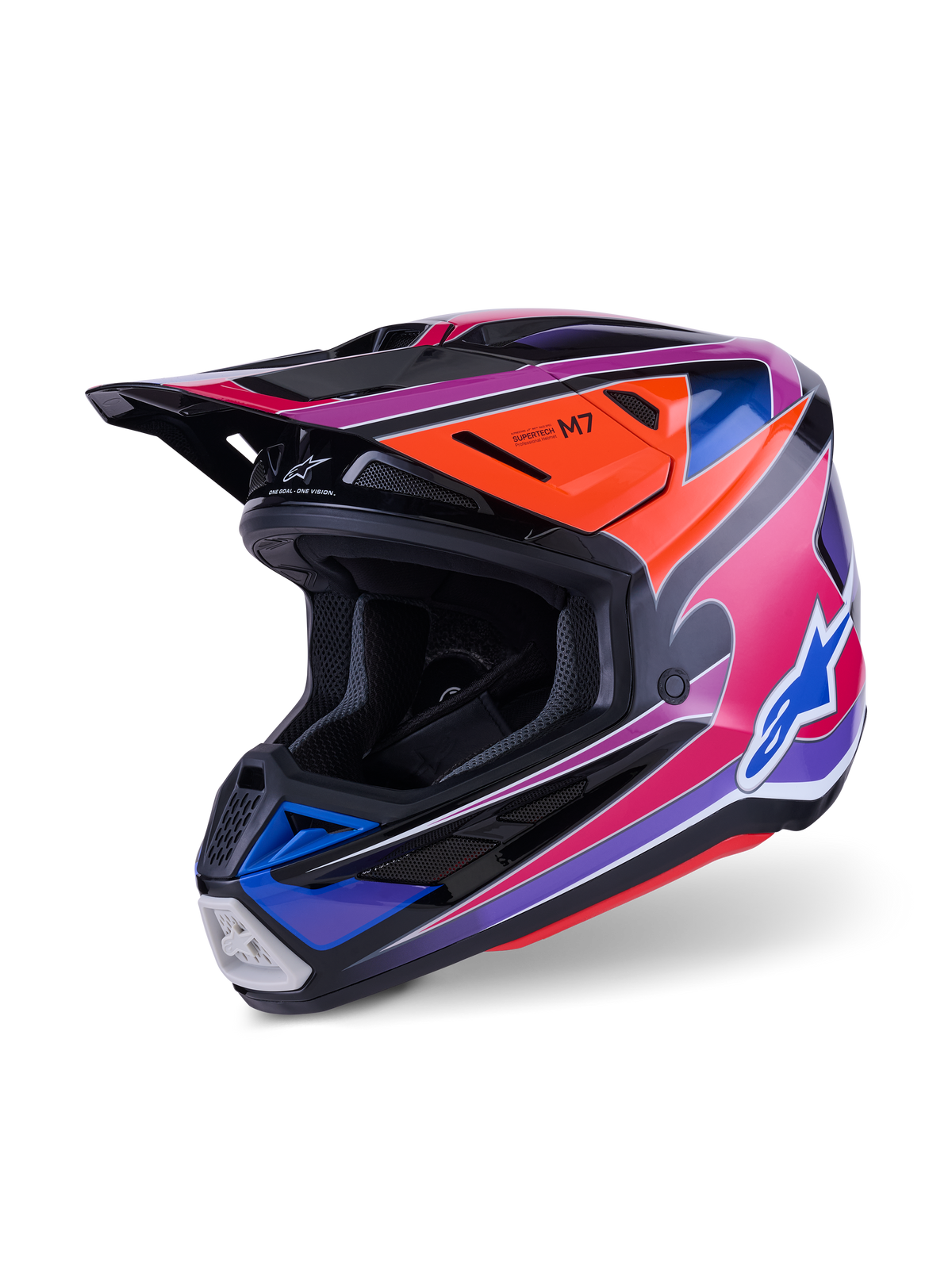 Alpinestars S-M7 Fuse Helm, Motocross-Helm, Blau Lila Pink Glänzend, mit lebhaften mehrfarbigen Grafiken sowie orangefarbenen und schwarzen Akzenten, aerodynamisches Schalendesign mit mehreren Belüftungsöffnungen, professionelle Offroad-Rennausrüstung