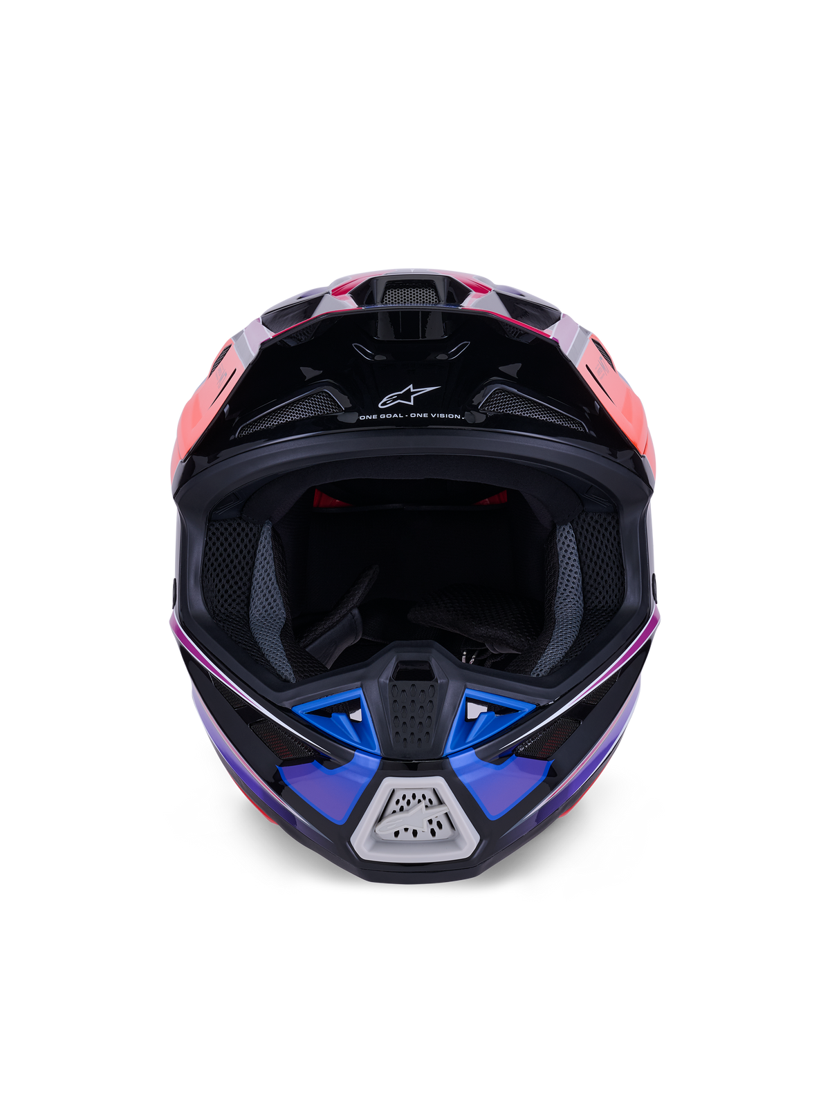 Alpinestars S-M7 Fuse Helm, Motocross-Helm, Blau, Lila und Pink glänzend, Vorderansicht mit Sichtfeld und belüftetem Kinnbügel, mit schwarzen Akzenten und Alpinestars-Branding, aerodynamisches Offroad-Renndesign
