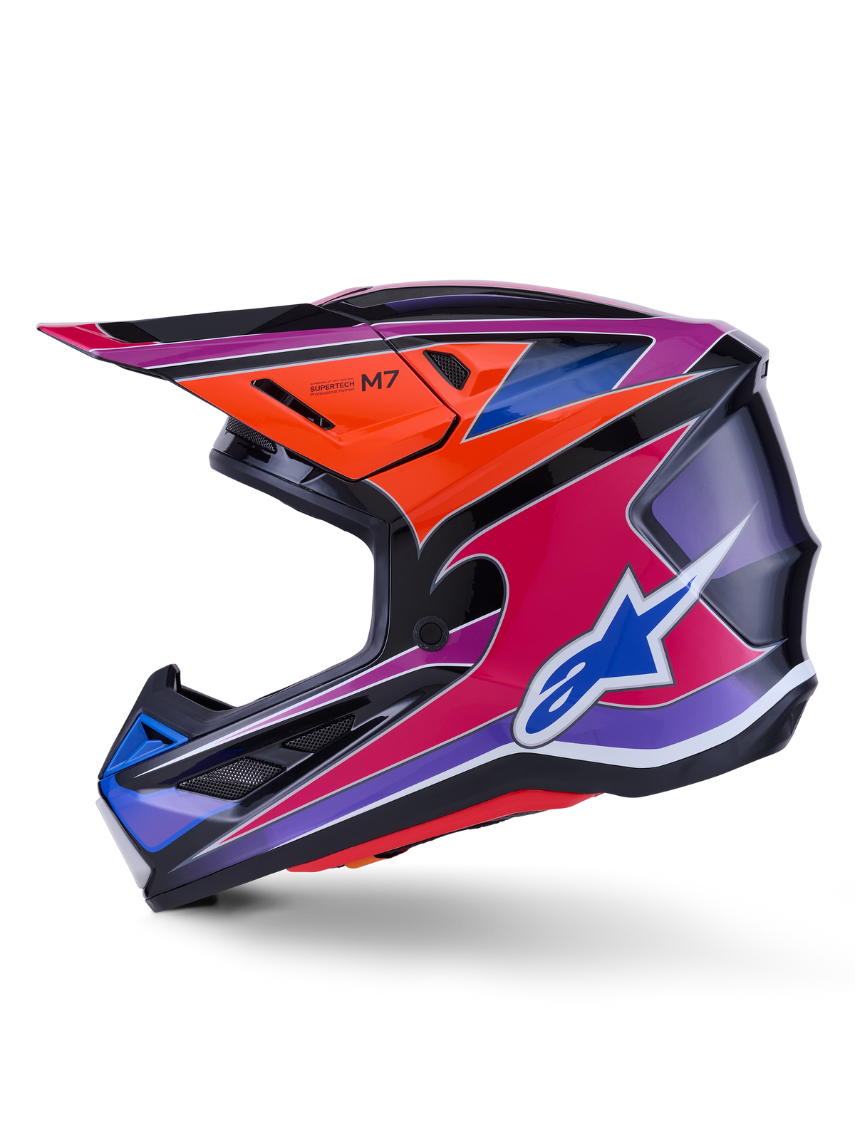 Alpinestars S-M7 Fuse Helm, Motocross-Helm, Blau, Violett, Pink und Orange glänzend, lebendiges mehrfarbiges Grafikdesign mit blauem Alpinestars-Logo, aerodynamische Verbundschale mit Schutzvisier und Belüftungsöffnungen, professionelle Offroad-Rennausrüstung