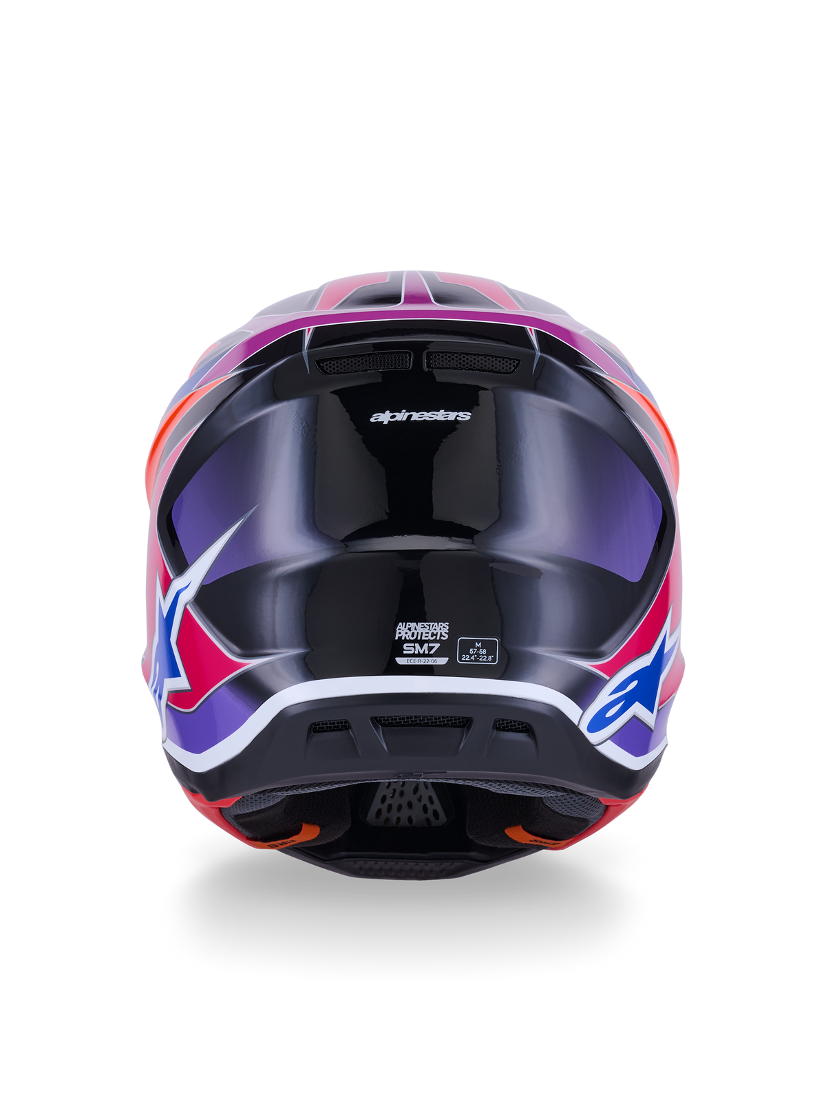 Alpinestars S-M7 Fuse Helm, Motocross-Helm, Rückansicht, Blau Lila Pink Glänzend, lebendige pinke und lila Grafiken auf glänzend schwarzer Schale, mit Belüftungsöffnungen und ECE 22.06 Zertifizierungslabel