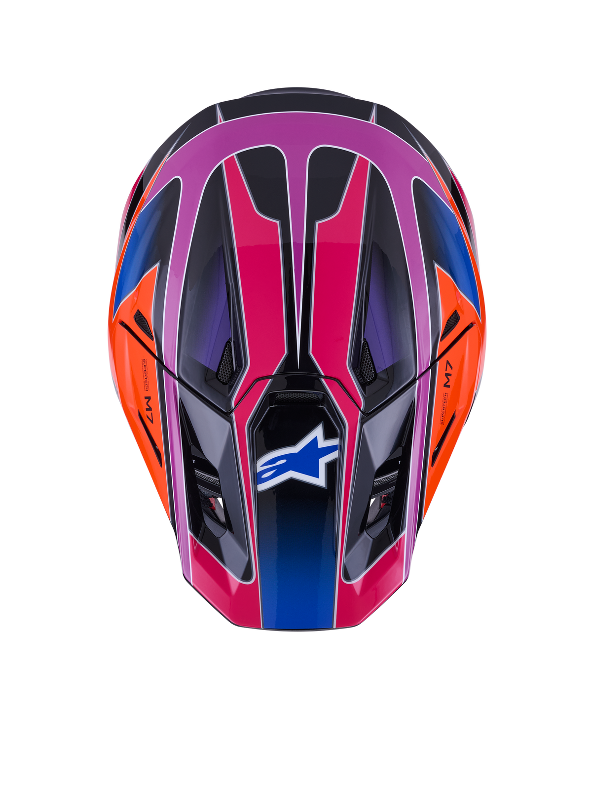Alpinestars S-M7 Fuse Helm, Draufsicht, Blau Violett Pink Glänzend mit orangefarbenen und schwarzen Akzenten, lebendiges geometrisches Design, aerodynamische Schale mit Belüftungsöffnungen und Alpinestars-Logo auf dem Visier, Motocross-Schutzausrüstung