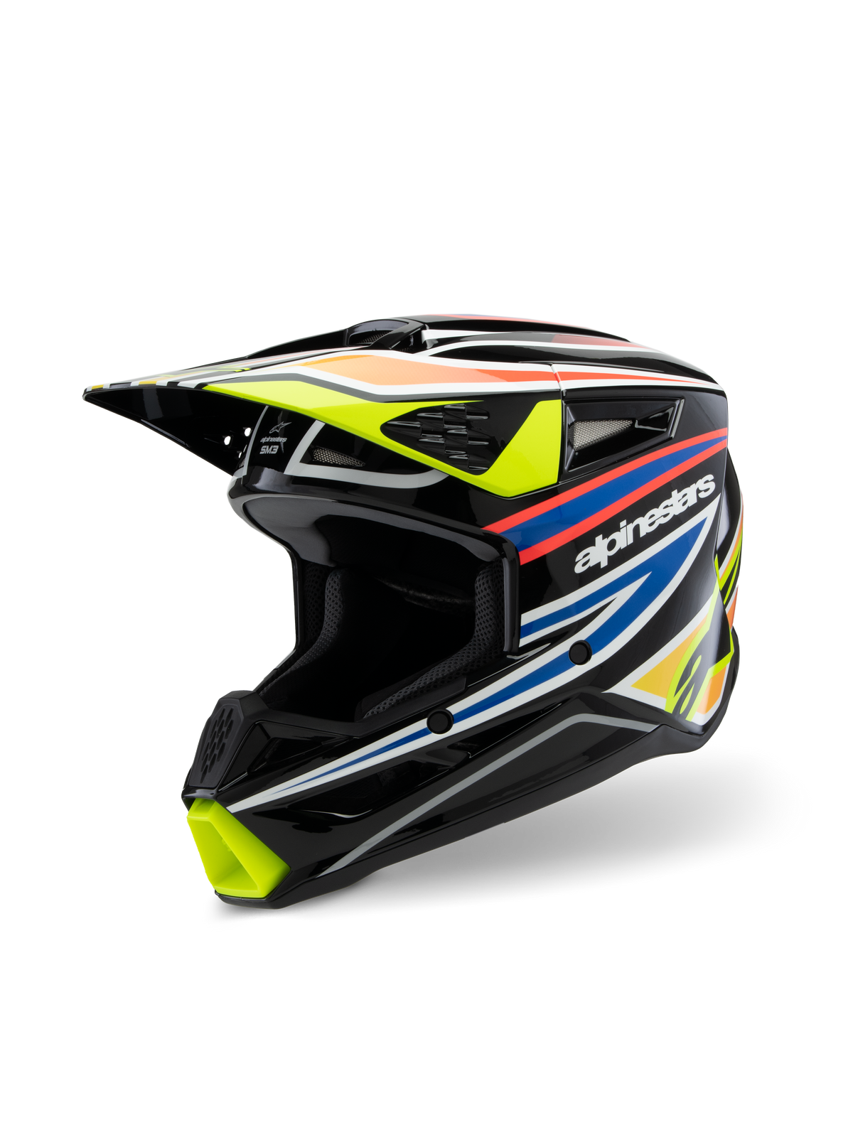 Casque Alpinestars S-M3 Youth Wurx ECE 22.06, casque de motocross, noir brillant avec graphismes de course jaune fluo, bleu et rouge-orange, vue de trois-quarts mettant en évidence la coque aérodynamique avec entrées d'air et extracteurs, équipement de protection tout-terrain pour les jeunes pilotes
