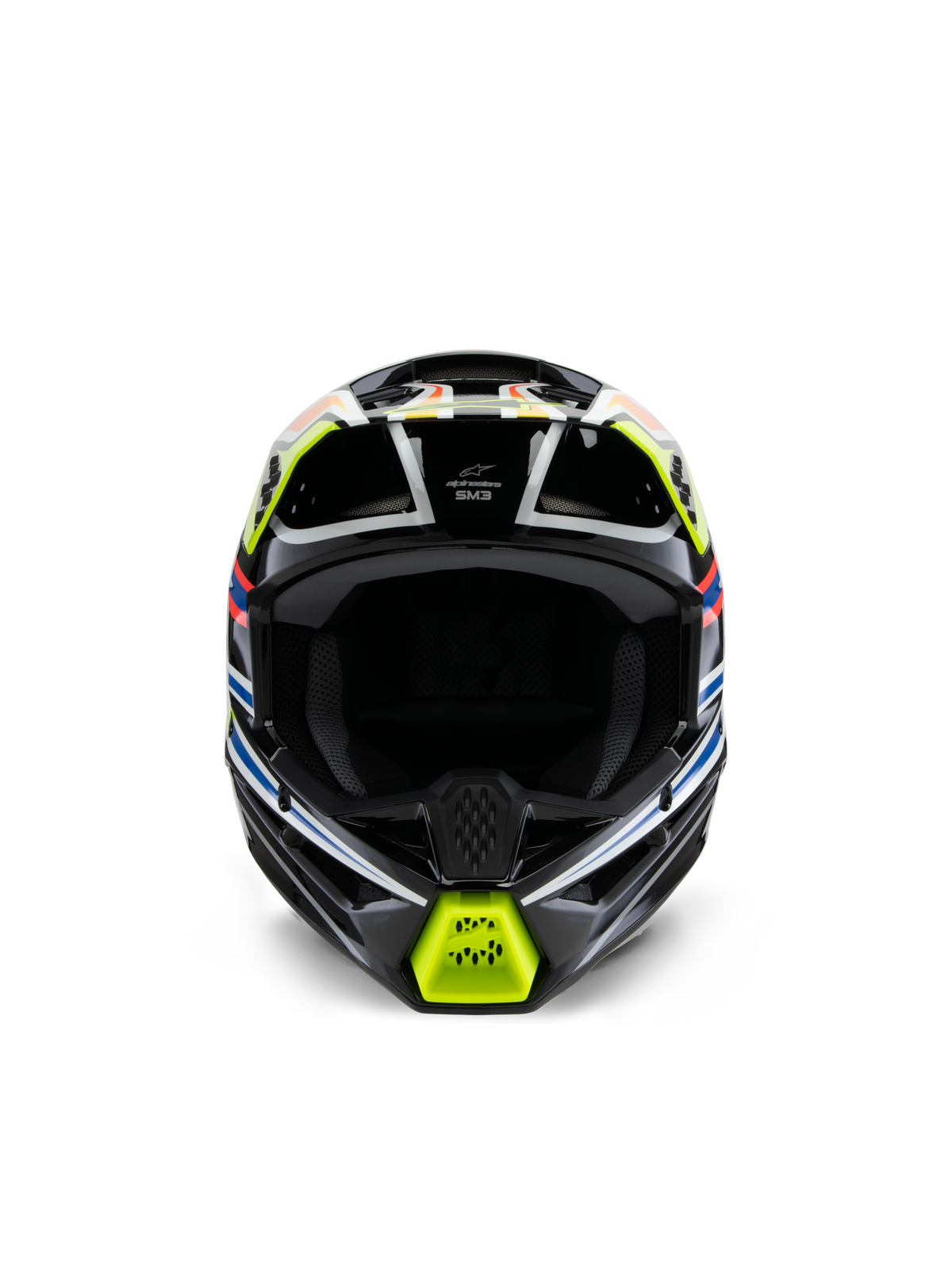 Casque Alpinestars S-M3 Junior Wurx, vue de face, noir avec accents jaune fluo, bleu et rouge, équipement de protection de motocross pour enfant, avec graphismes géométriques éclatants, ports de ventilation intégrés et mentonnière jaune, style de course tout-terrain