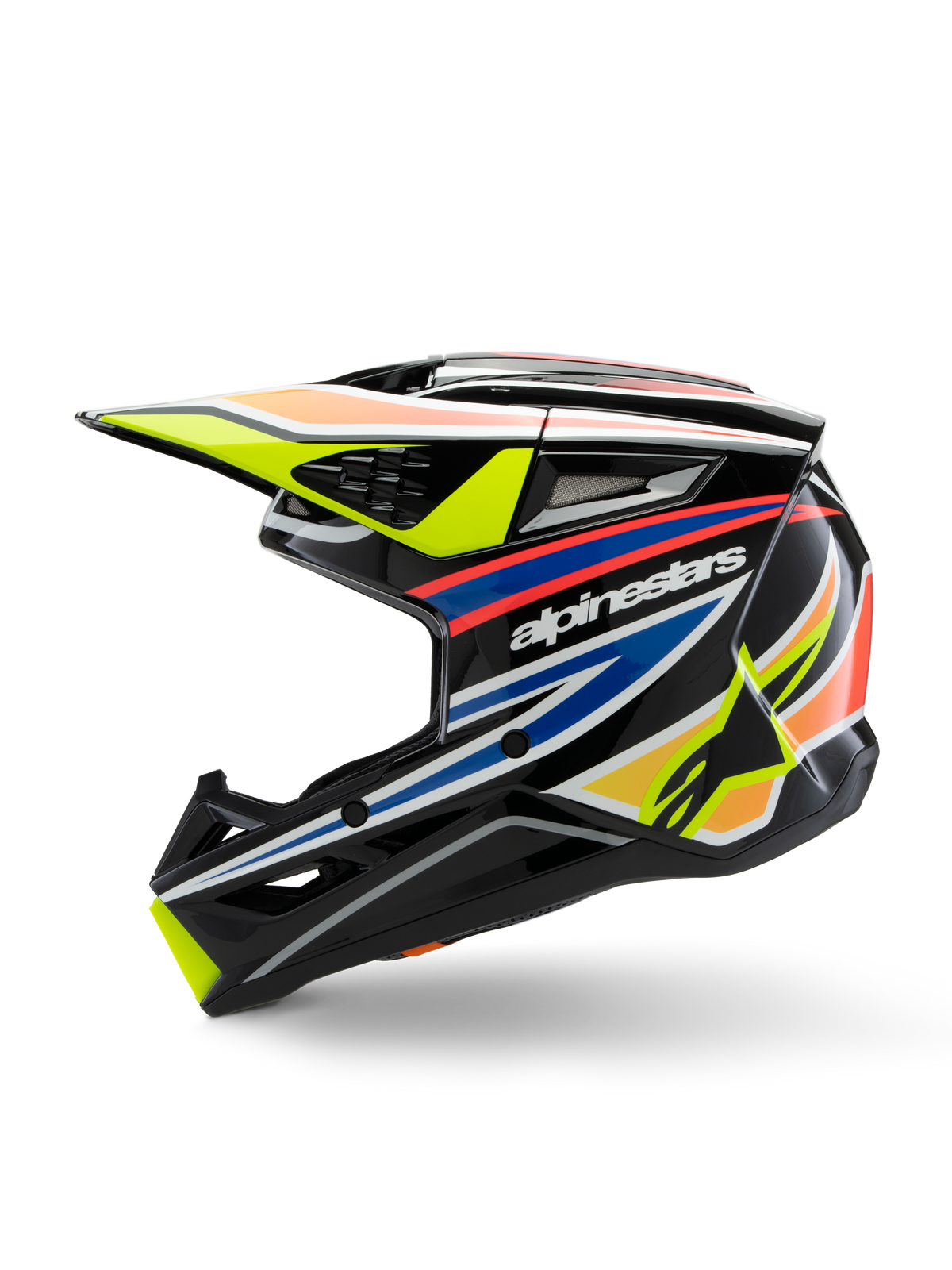Casque Alpinestars S-M3 Youth Wurx, casque de motocross, noir avec des motifs jaune, bleu et rouge éclatants, vue de profil mettant en avant le logo Alpinestars, coque aérodynamique avec de multiples orifices de ventilation et une visière jaune.