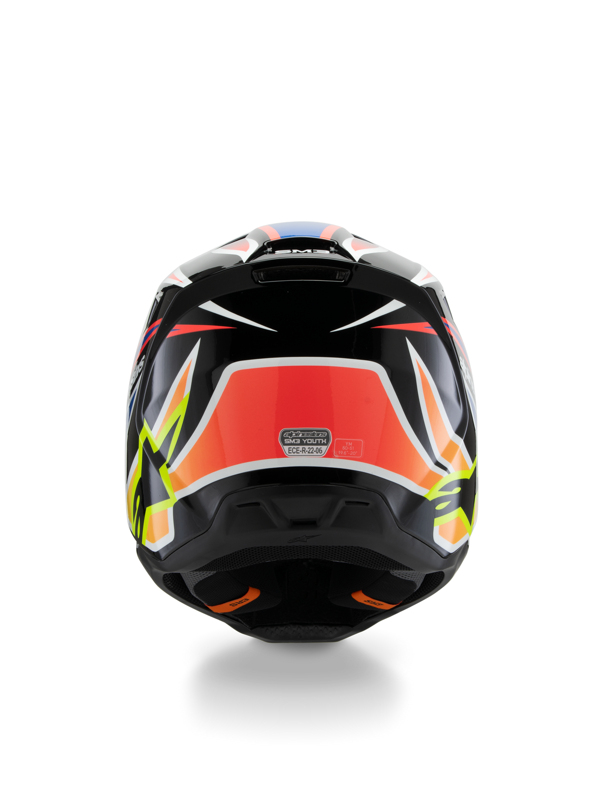 Alpinestars S-M3 Youth Wurx Helmet ECE 22.06, casque de motocross, vue arrière, noir avec graphismes rouges, jaune fluo et bleus, motifs angulaires audacieux, logos en étoile et autocollant de certification ECE 22.06, conçu pour la compétition tout-terrain junior