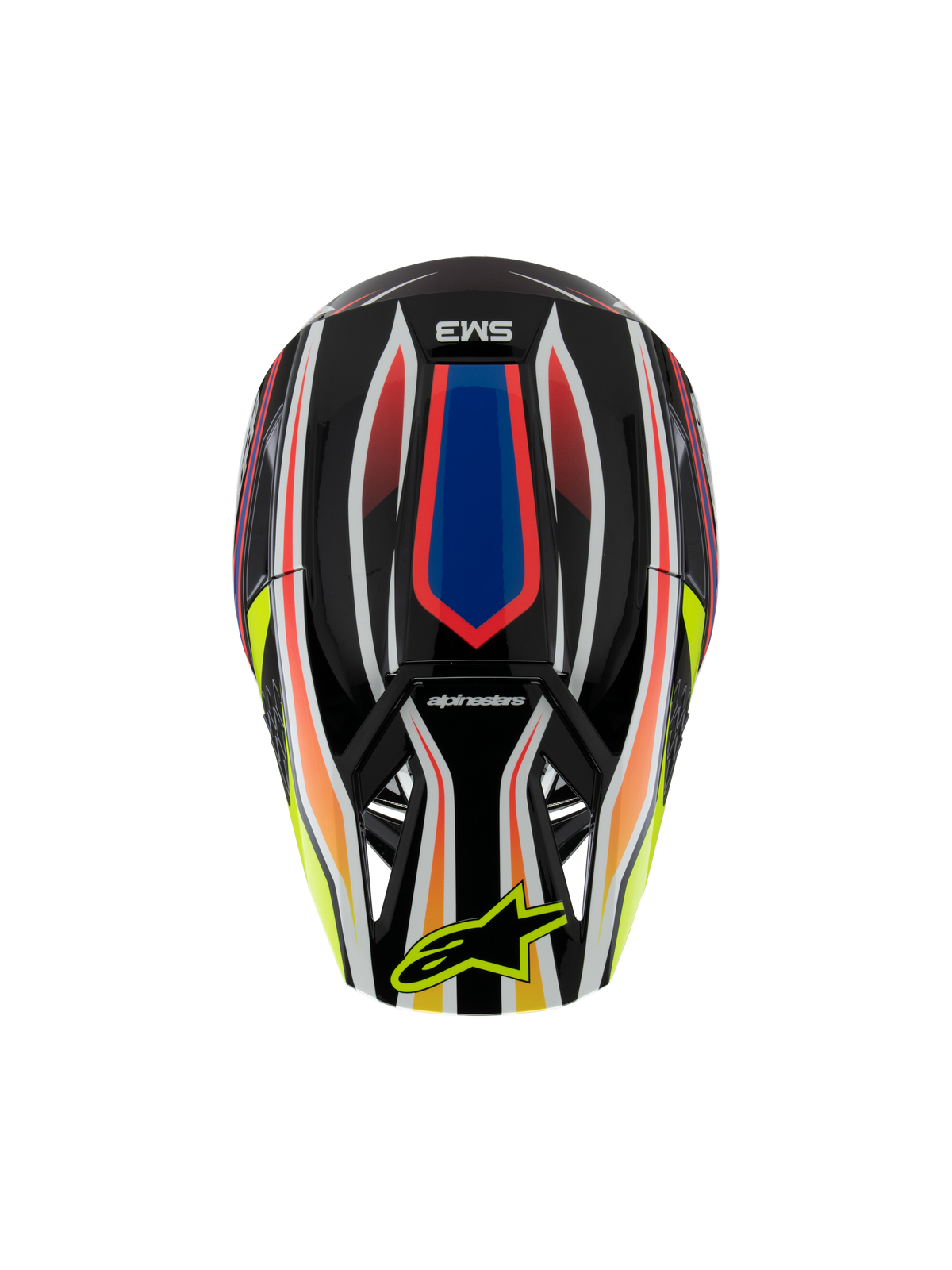 Alpinestars S-M3 Youth Wurx Helmet ECE 22.06, casque de motocross, noir avec des graphismes vifs rouge, bleu et jaune, vue de dessus présentant le logo SM3 et le logo Alpinestars jaune sur la visière, équipement de protection tout-terrain