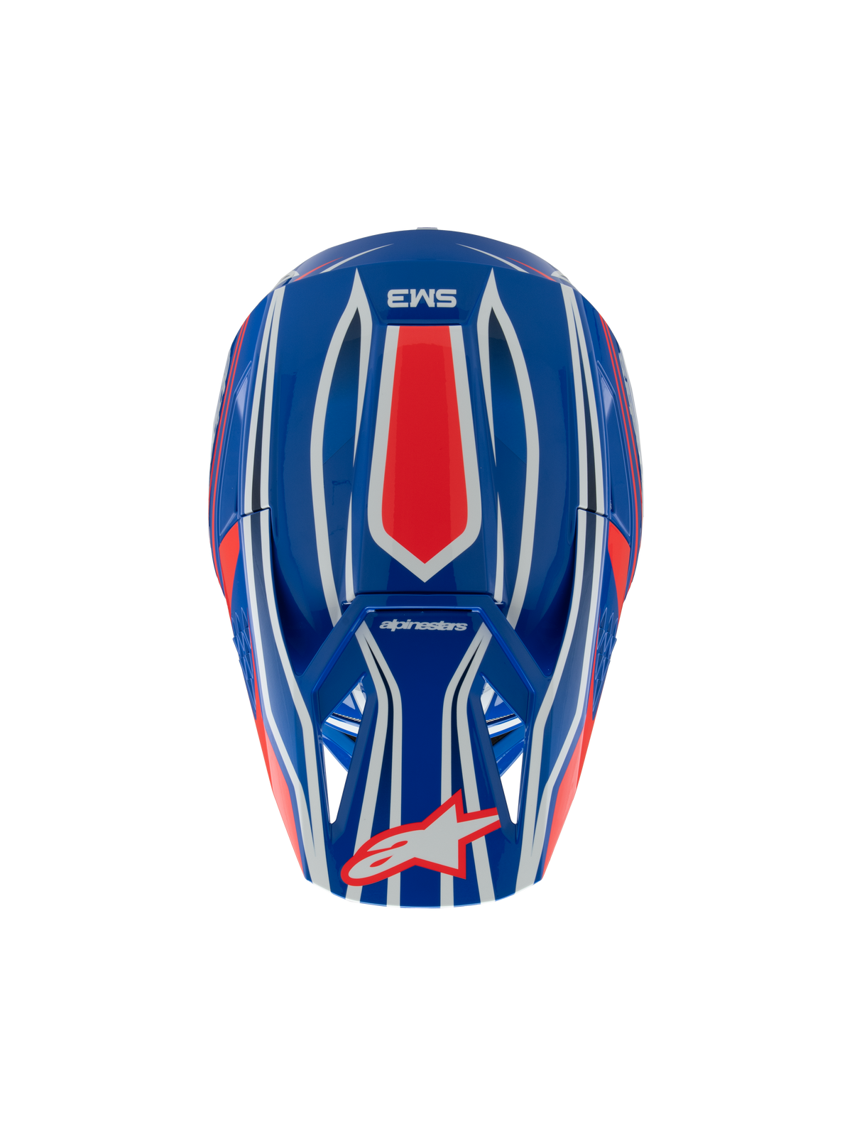 Casque Alpinestars S-M3 Youth Wurx, casque de motocross, bleu, rouge, blanc et noir brillant, vue de dessus montrant des motifs graphiques rouges et blancs, logo Alpinestars sur la visière, protection de tête spécialisée pour les jeunes en tout-terrain