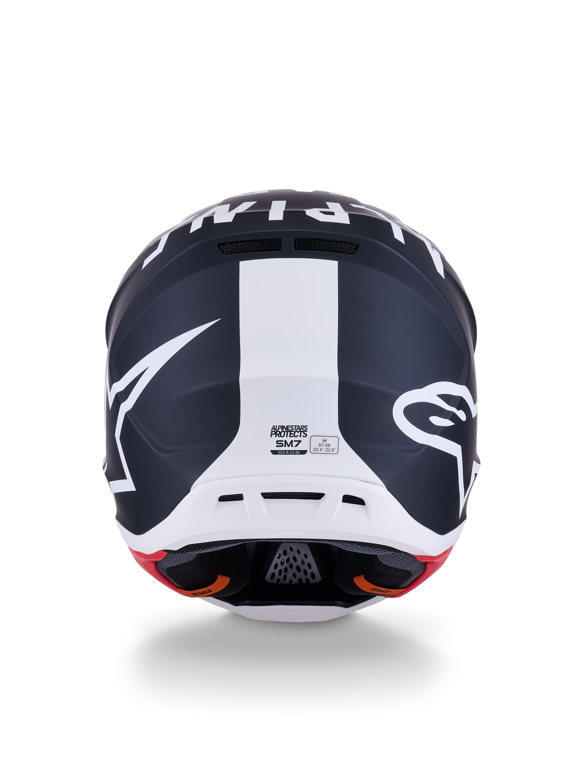 Alpinestars S-M7 Dasher Helm, Motocross-Helm, Mattschwarz und Weiß mit roten Akzenten, Rückansicht mit markantem Stern-Logo und zentralem weißen Streifen, aerodynamisches Design für Offroad-Rennsport