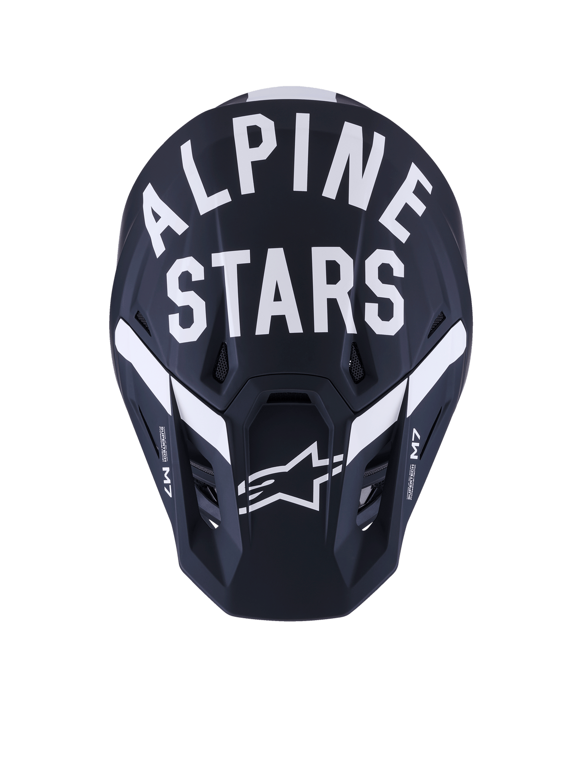Alpinestars S-M7 Dasher Helm, Motocross-Helm, Schwarz Weiß Matt, Vorderansicht mit markantem weißem Alpinestars-Schriftzug und Stern-Logo, matte Verbundschale mit Belüftungsöffnungen, professionelle Offroad-Rennausrüstung.