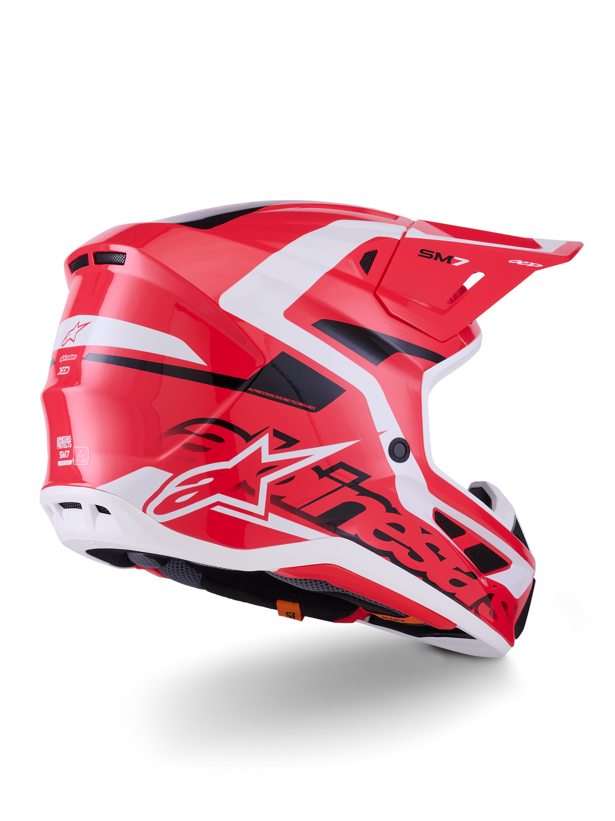 Alpinestars S-M7 Deed Helm, Motocross-Helm, Rot, Schwarz und Weiß glänzend, mit einer aerodynamischen Schale mit Belüftungsöffnungen und markantem Alpinestars-Branding, Dreiviertel-Rückansicht