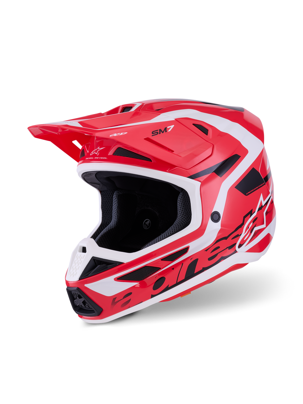 Alpinestars S-M7 Deed Helm, Motocross-Helm, Rot, Schwarz und Weiß glänzend, mit einer aerodynamischen Schale, markantem Branding, integrierten Belüftungsöffnungen und einem schützenden Visier für Offroad-Rennen