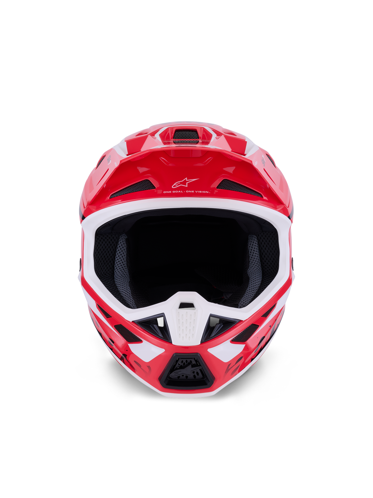 Alpinestars S-M7 Deed Helm, Motocross-Helm, Rot, Schwarz und Weiß glänzend, Frontansicht mit großer Sichtöffnung und belüftetem Kinnbügel, Alpinestars-Logo und Motto auf dem Visier, entwickelt für Schutz bei Offroad-Rennen