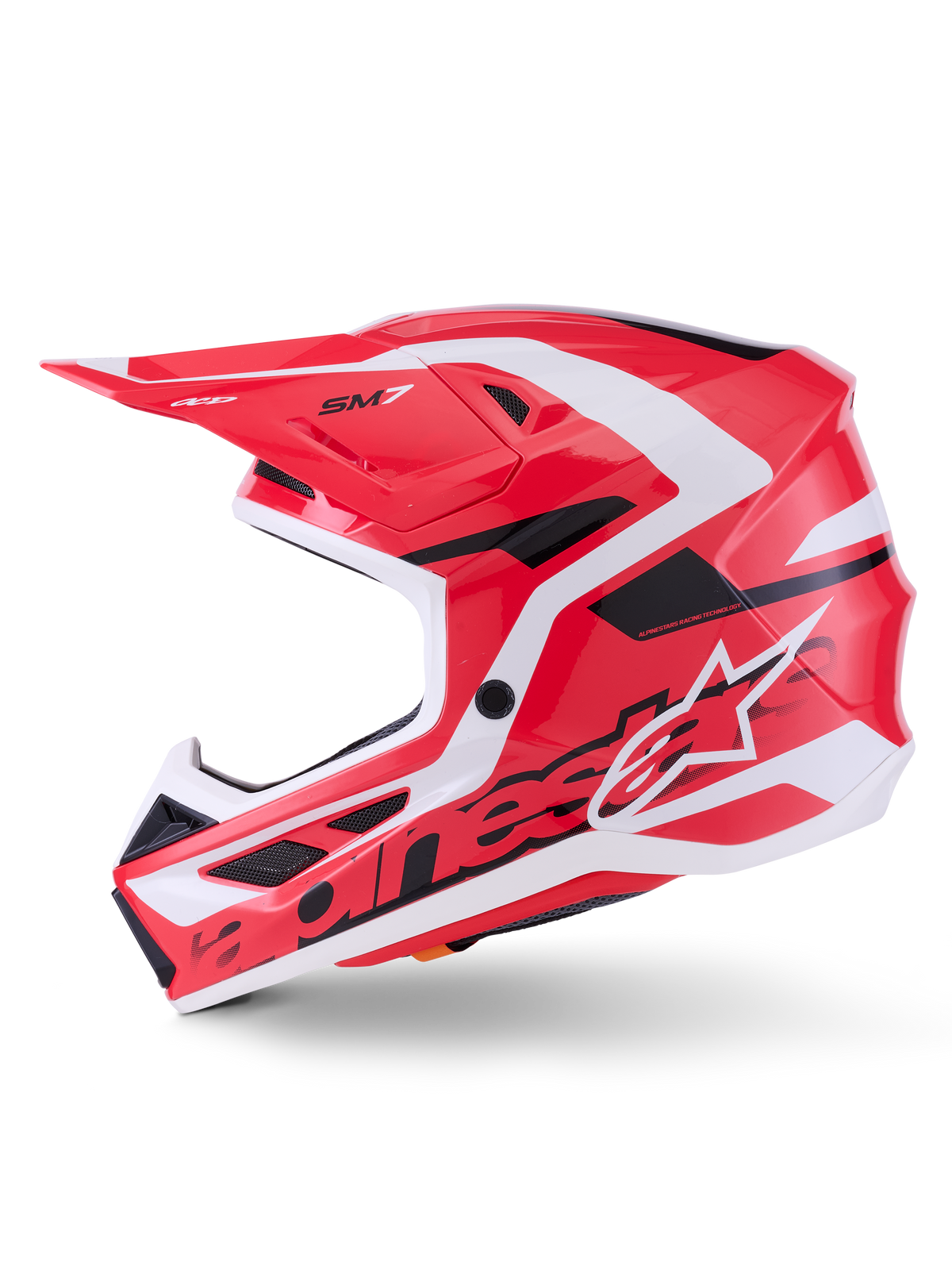 Alpinestars S-M7 Deed Helm ECE 22.06, Motocross-Helm, Rot, Schwarz und Weiß glänzend, Seitenprofilansicht mit aerodynamischer Verbundschale, Belüftungsöffnungen und Alpinestars-Branding, entwickelt für Schutz im Offroad-Rennsport