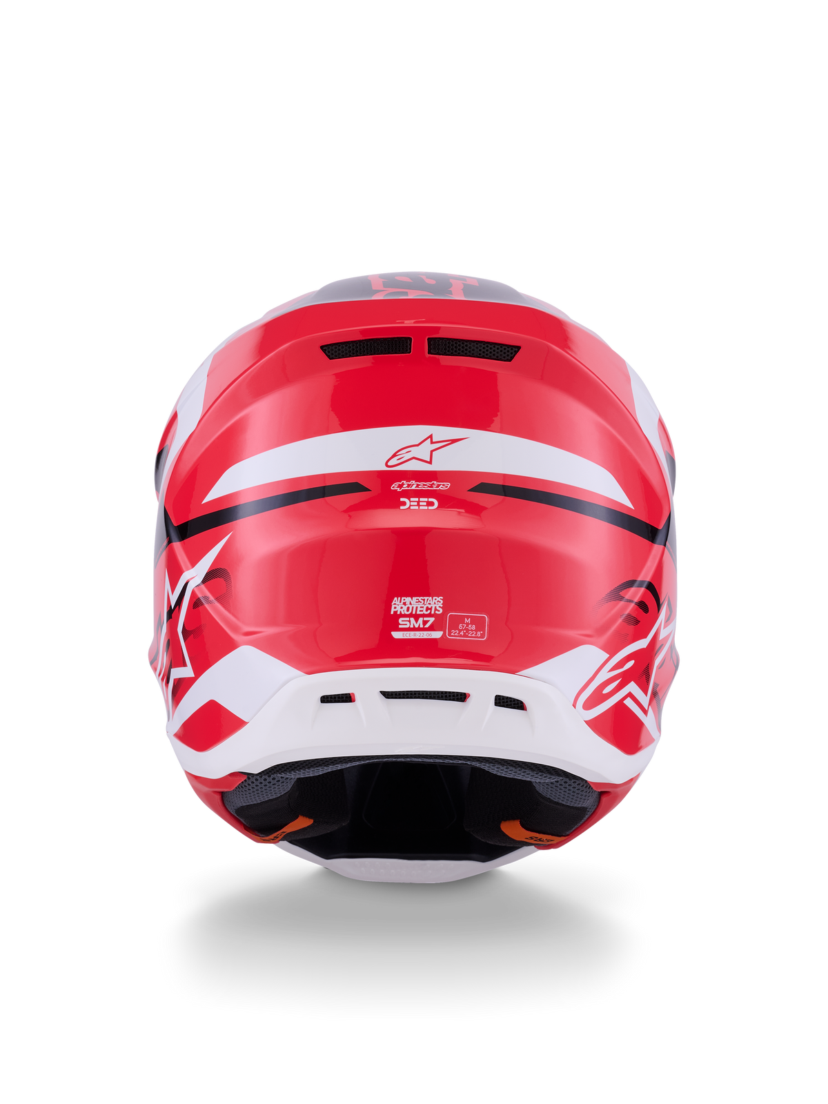 Alpinestars S-M7 Deed Helm, Rückansicht, Rot Schwarz und Weiß glänzend, mit einer stromlinienförmigen Verbundschale, hinteren Entlüftungsöffnungen und Alpinestars-Branding, professioneller Kopfschutz für Motocross-Rennen