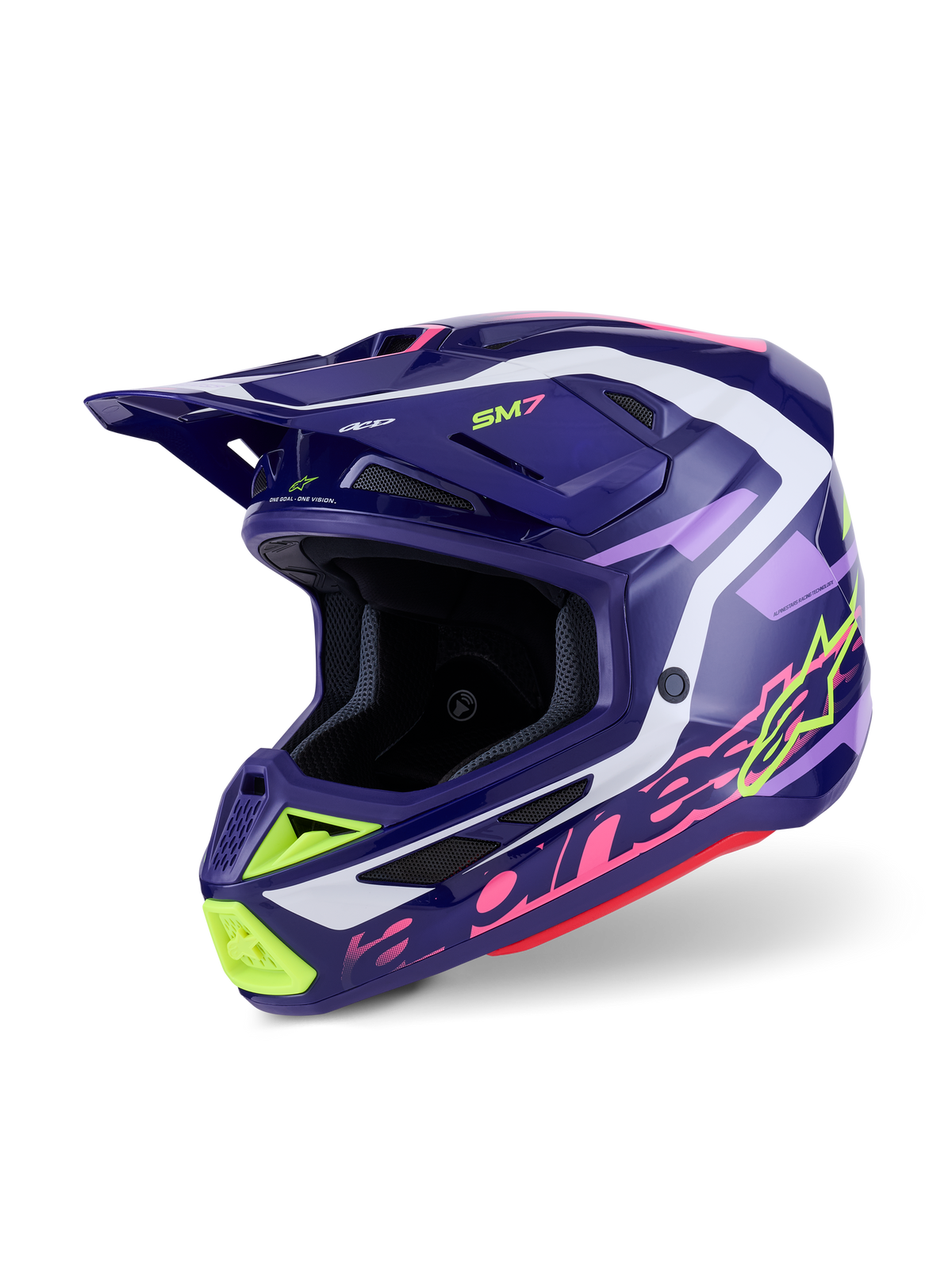 Alpinestars S-M7 Deed Helm, motorcrosshelm, paars roze glanzend, donkerpaarse basis met neongele, roze en witte accenten, aerodynamisch ontwerp met geïntegreerde ventilatieopeningen en een opvallende klep, hoogwaardige off-road hoofdbescherming